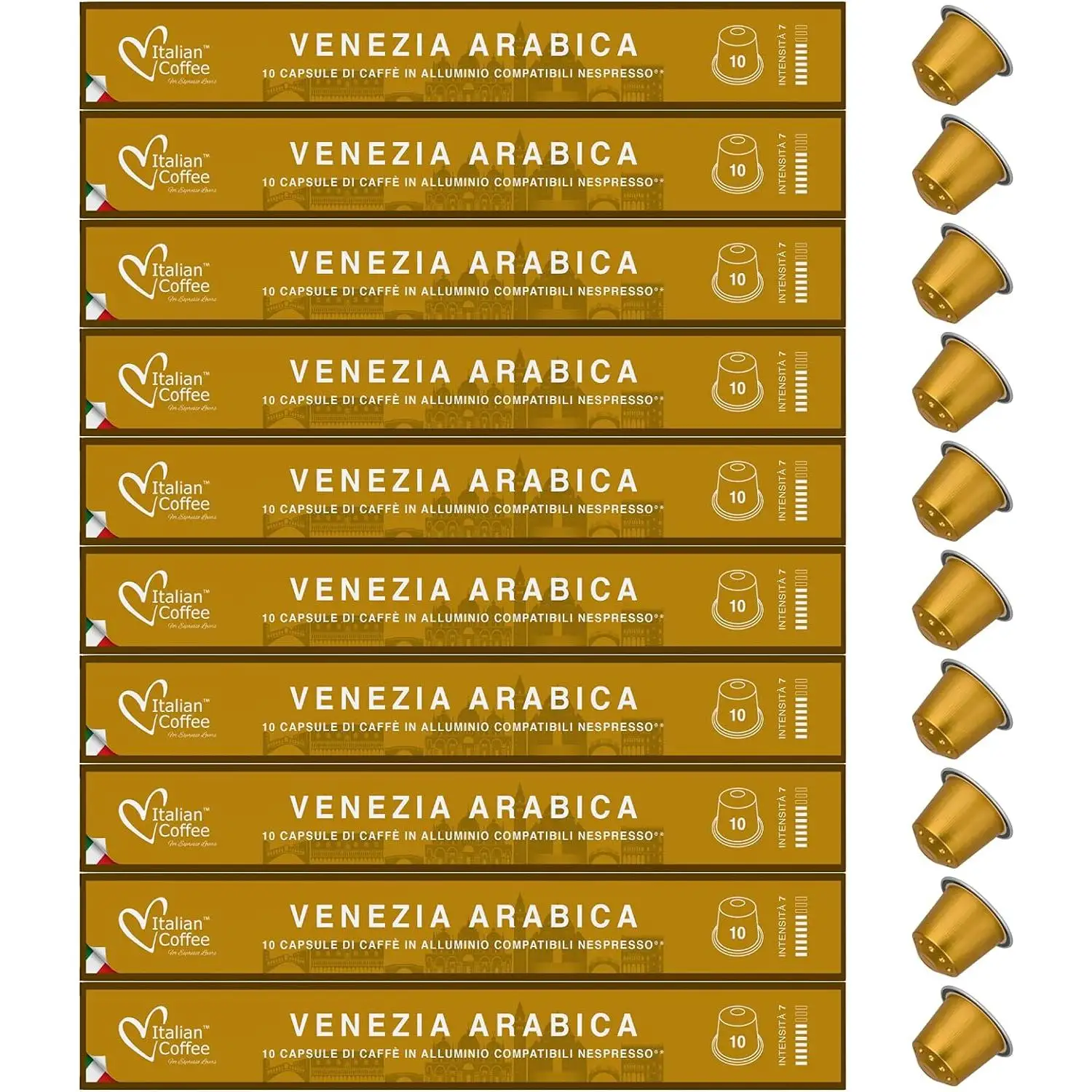 Italian Coffee For Espresso Lovers - Cápsulas de café compatibles con Nespresso Venezia Arabica 100% suave y aromático, 100 cápsulas de aluminio sin PVC (10 estuches x 10), intensidad 7/10, envasado en atmósfera protectora
