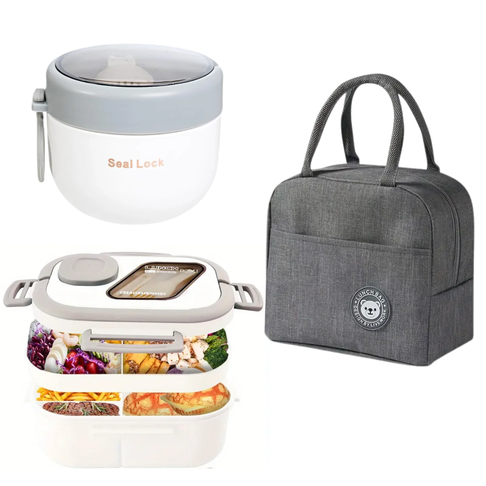 Fiambrera de 2 pisos + Bolso Térmico + Taza para Postres, Sopas Fiambrera Comida Trabajo, Fiambrera con cubiertos a prueba de fugas, caja Bento Box, Kit Fiambrera para Niños, Fiambrera Hermetica con Cubiertos