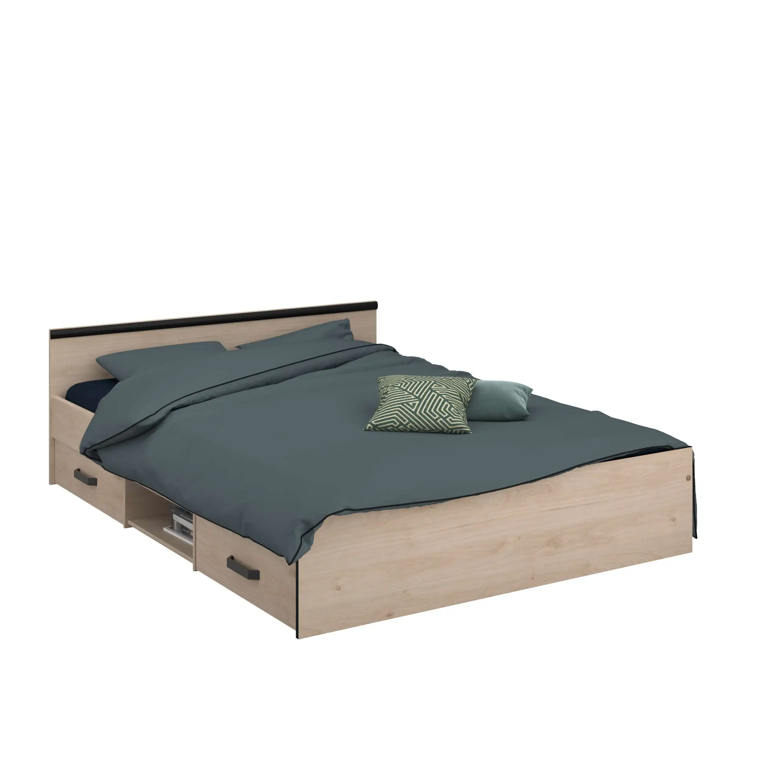 Miroytengo Cama Solstice de Dormitorio Estilo Industrial  en color Roble Jackson y Negro con 2 cajones 135-140x190 cm