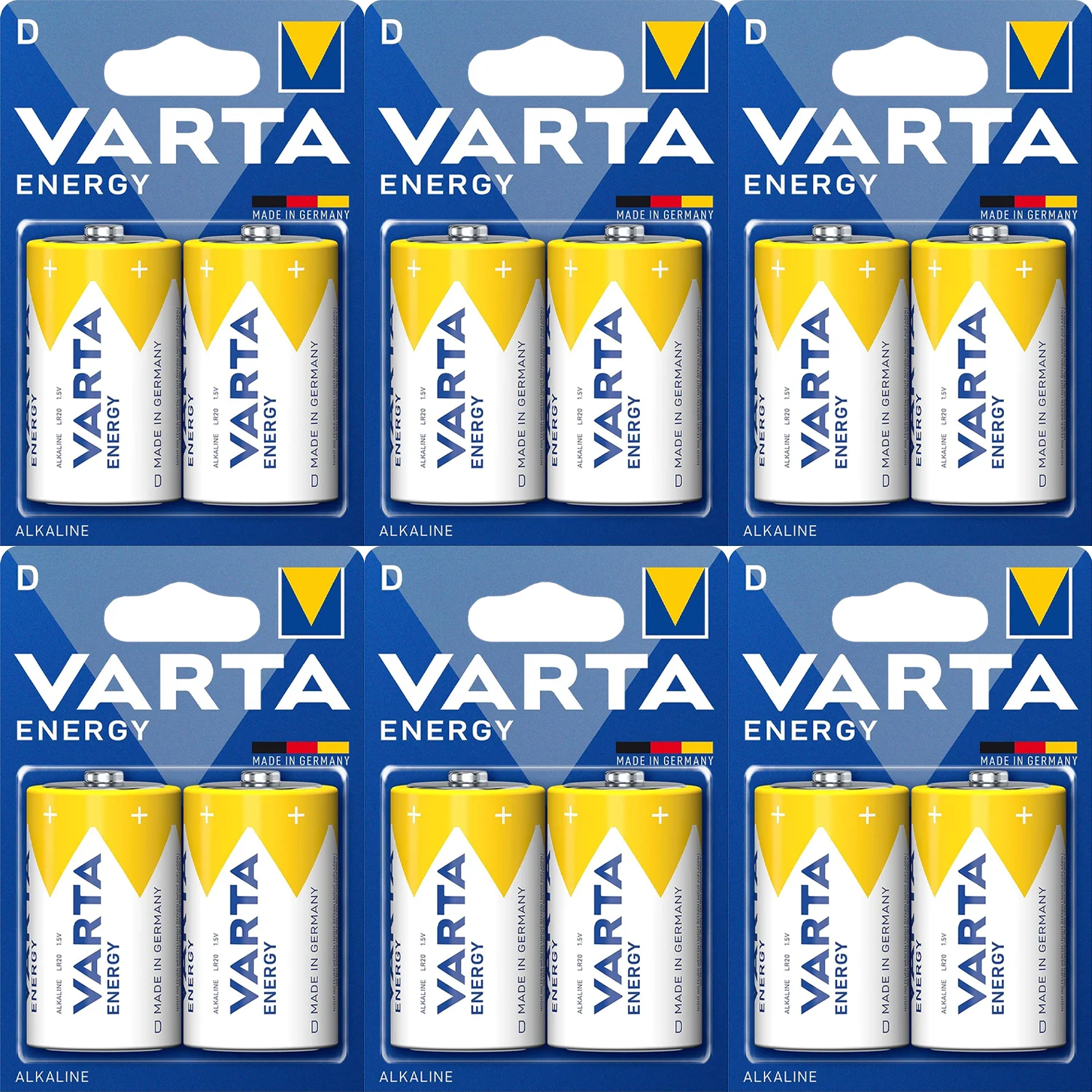VARTA Pilas D Alcalinas de Alto Rendimiento, VARTA Energy, Larga Duración, Energía Potente y Continua, Ideal para Linternas de Alto Consumo, Radios Portátiles, Juguetes Grandes, Equipos de Sonido y