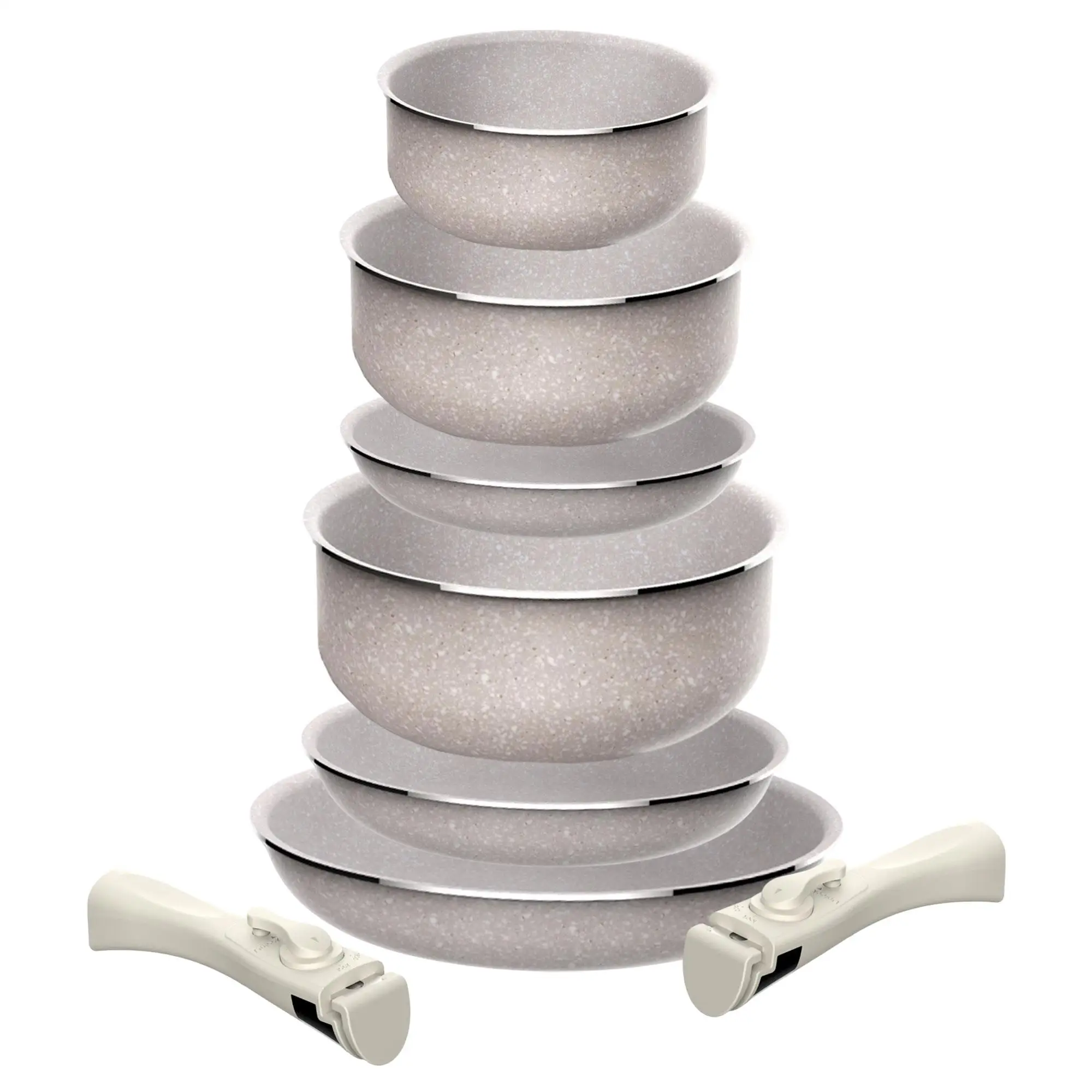 Juego de 6 pcs: 3 sartenes Ø18Ø20Ø24cm y 3 Cacerolas Ø16Ø18Ø20cm en aluminio prensado con revestimiento ILAG con 2 mangos extraibles