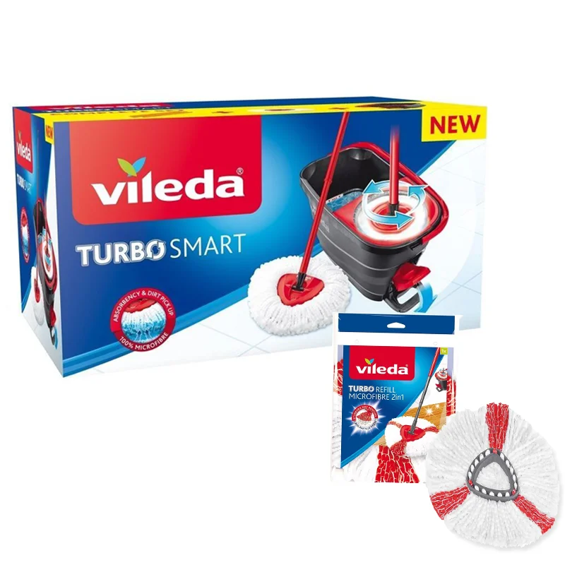 VILEDA Turbo Smart – Set con Cubo con Pedal, Palo 3 Piezas y Fregona Triangular de Microfibras + 1 Repuesto Extra, Limpieza Eficaz para Esquinas Difíciles