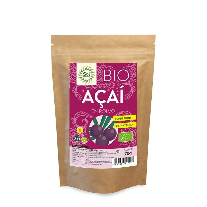 Solnatural Acai En Polvo Bio - Superalimento Instantáneo - Vegano - Conservar en Lugar Fresco y Seco - Açai Procedente de Agricultura Ecológica - Salud de la Mujer