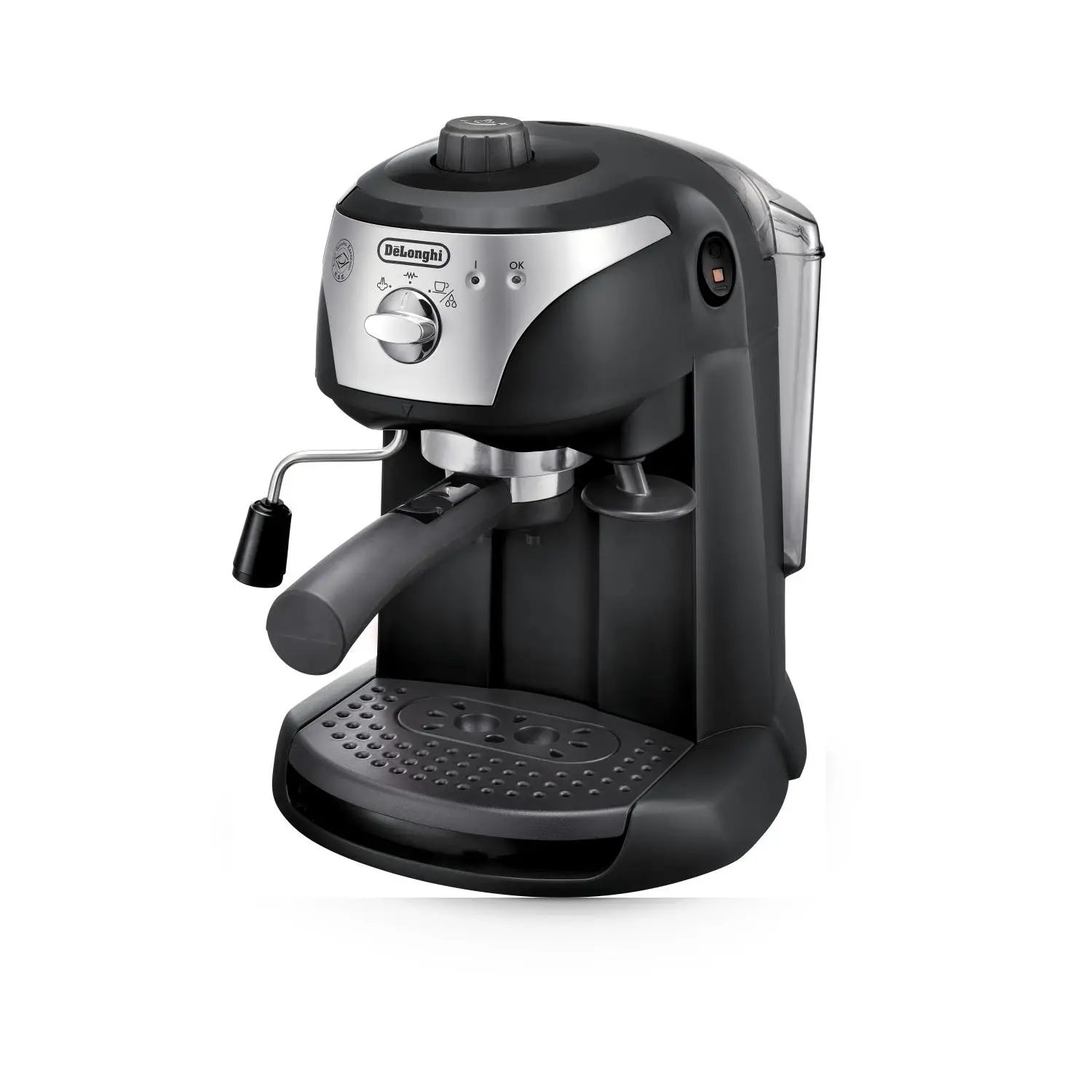 De'Longhi-traditional pump Espresso maker with milk frother. 15 bars pressure, capacity 1L, 1050W. Model EC221. Black