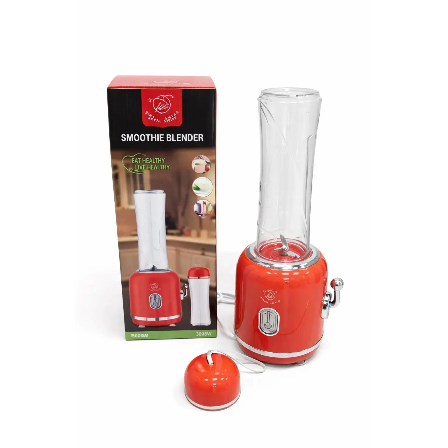 Licuadora Portátil Royal Swiss 300W, Batidora de Smoothies de 600 ml, Cuchillas de Acero Inoxidable, Fácil de Limpiar y Transportar