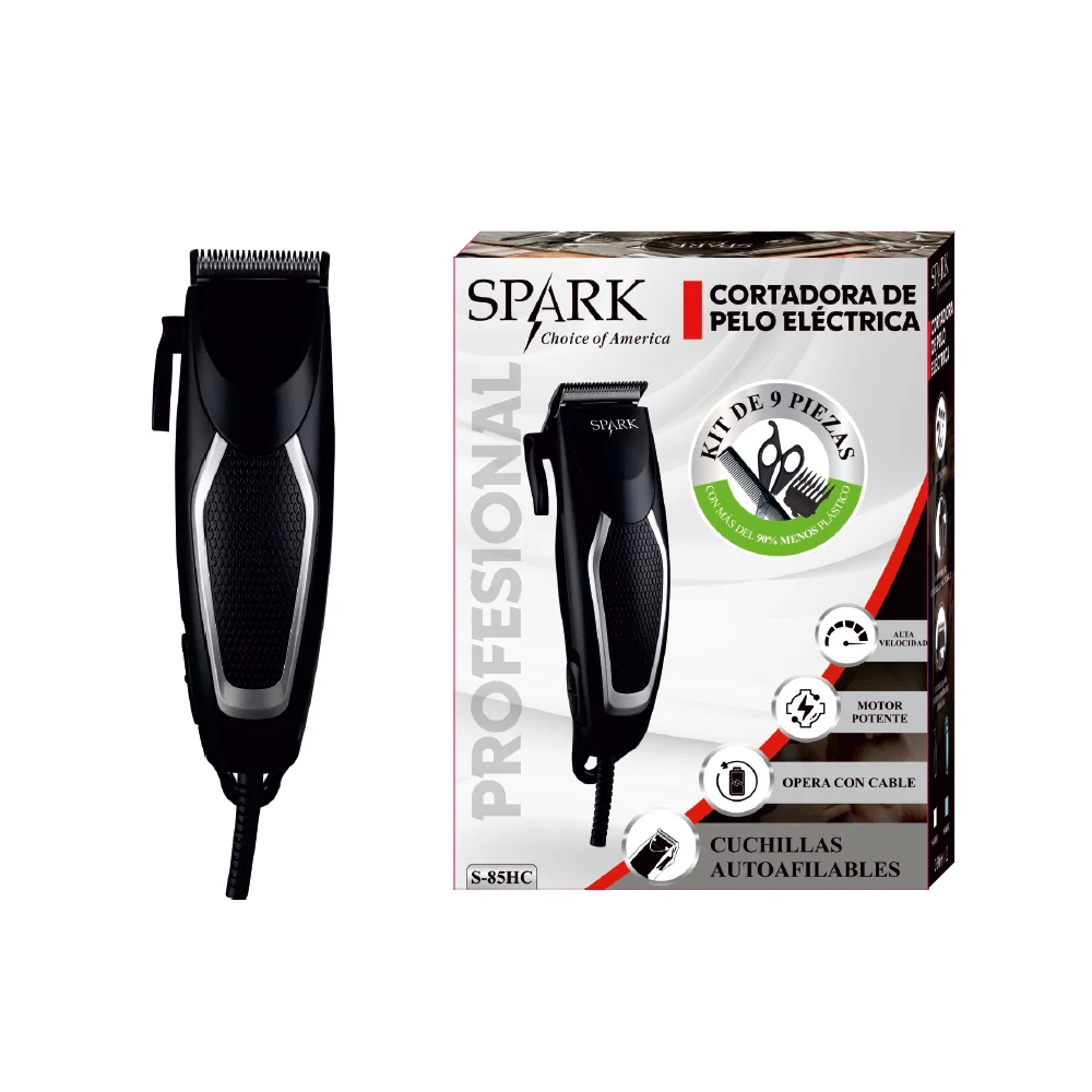 SPARK- CORTADORA DE PELO ELÉCTRICA. HOJA DE ACERO INOXIDABLE. KIT DE 9 PIEZAS. CUCHILLAS AUTOAFILABLES. PALANCA DE CONTROL DE CUCHILLA AJUSTABLE.
