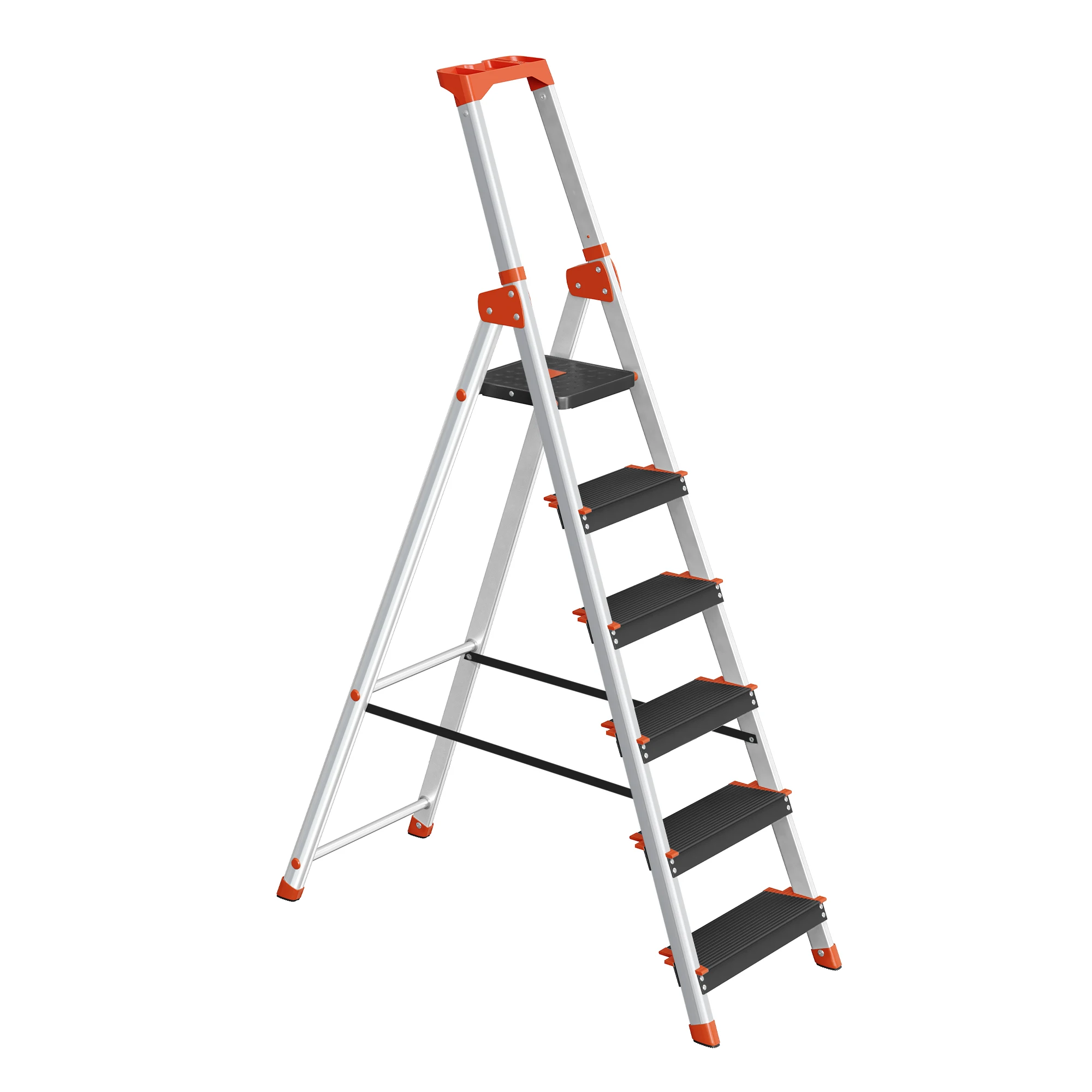 SONGMICS Scala a 6 gradini, scala in alluminio con gradini profondi 12 cm, pieghevole, vassoio e piedini antiscivolo, carico 150 kg, nero e arancione