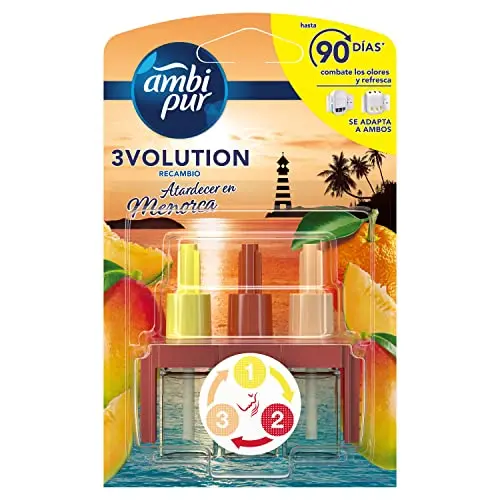 Ambipur Ambi Pur 3Volution Atardecer En Menorca Recambio De Ambientador Eléctrico 20 Ml - Combate Olores - Aromas Alternativos - Dura Hasta 90 Días - Fragancia Duradera
