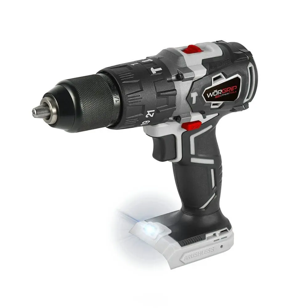 Taladro Percutor Brushless WORGRIP 20V - Maletín rígido incluido - Portabrocas metálico - Mango ergonómico antideslizante - Luz LED integrada