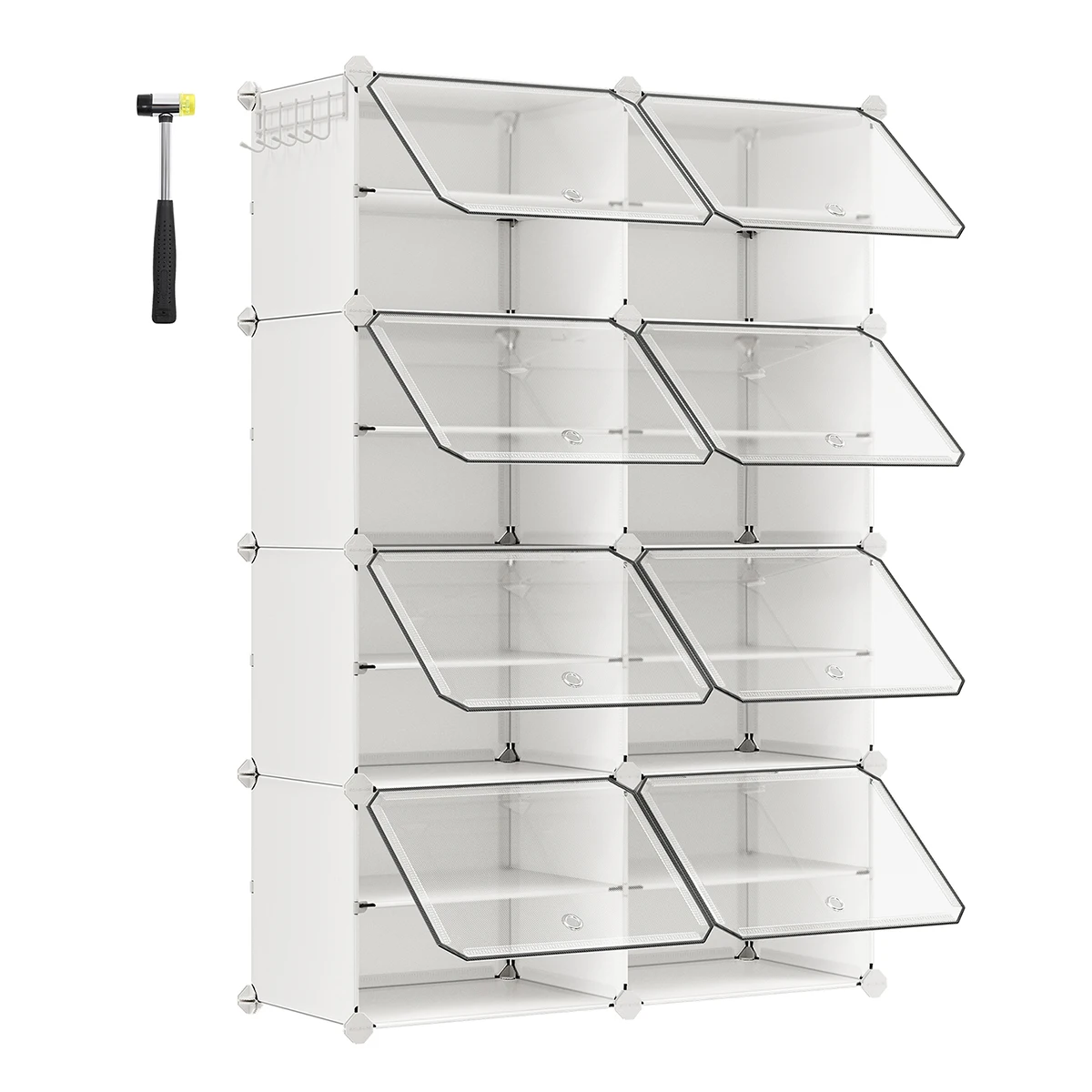SONGMICS Mueble Zapatero Plástico, 8 Compartimentos, Zapatero Modular, Estantería Modular de Plástico, 30 x 40 x 30 cm Cada Cubo, con Puerta, Marco Acero, Panele Plástico, Blanco/Negro