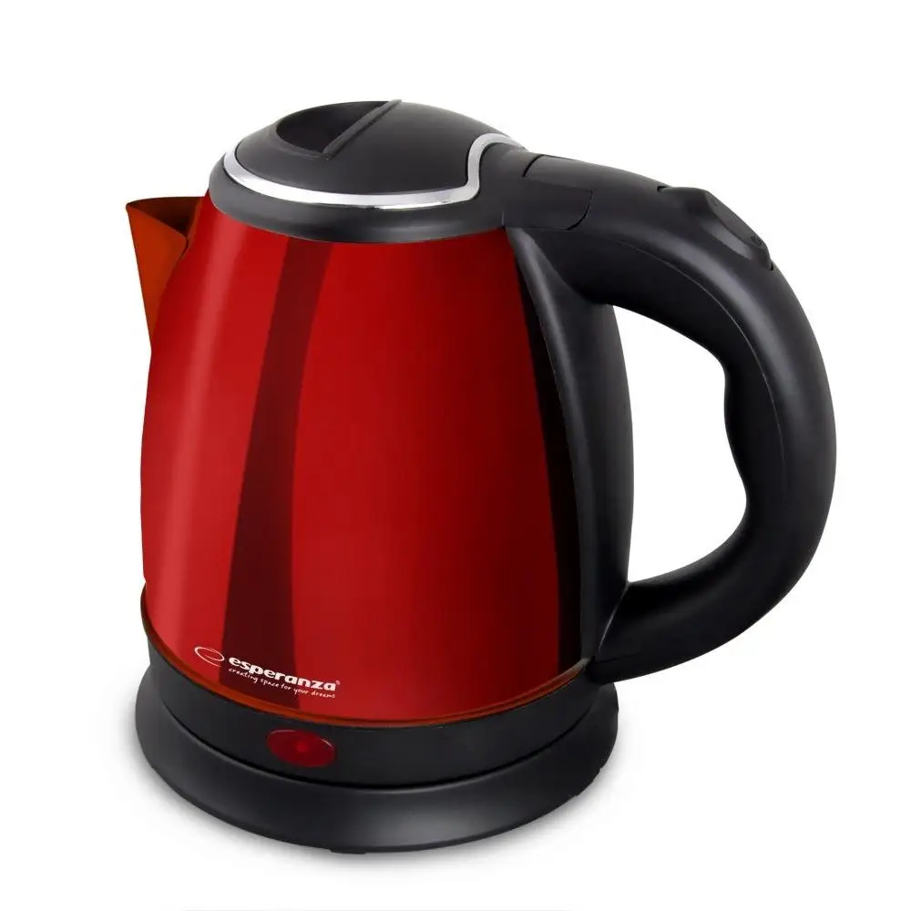 Esperanza ekk128r electric kettle 1L black and red 1350W with auto shut-off, stainless steel and plastic body, features hidden heating elements and a 360° rotating base for fast boiling.