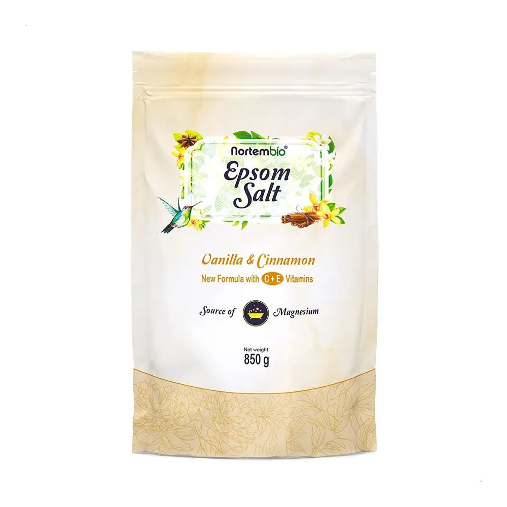 NORTEMBIO Sales de Epsom 100% Fragancia Vainilla y Canela 850g | Fuente concentrada de magnesio | Hidratada con Vitamina C y E | E-Book Incluido