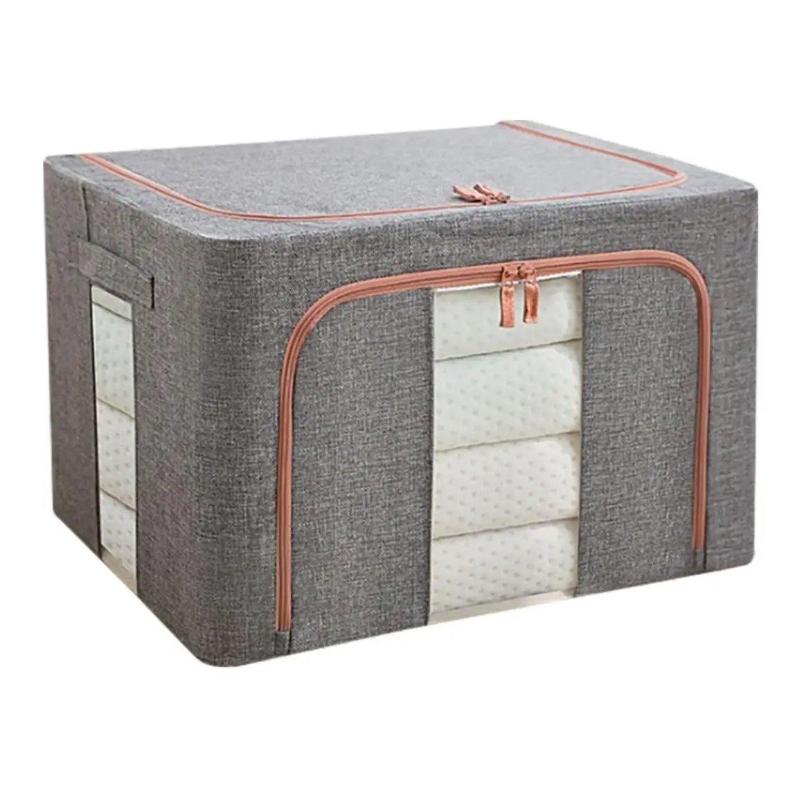 Caja de almacenamiento de 39x29x20cm en tela gris con cremalleras en marrón - PlusCalidad - Guarda y proteje tus prendas y toda tu ropa con este híbrido bolsa/caja - Plegable, resistente, duradera y