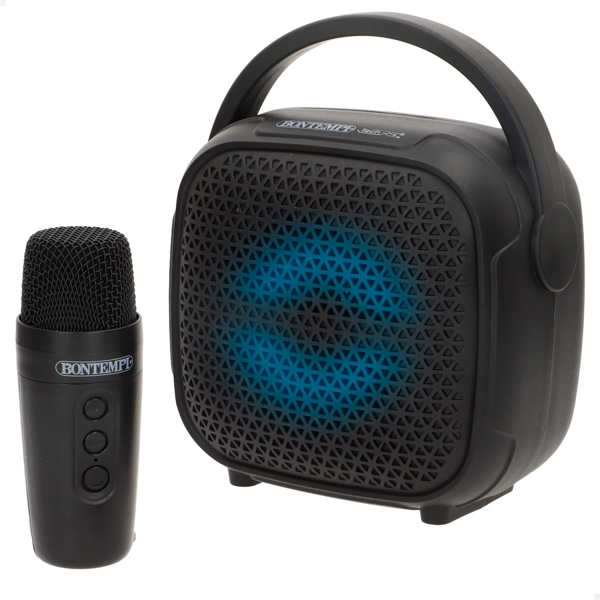 Bontempi - Altavoz mini inalámbrico con micrófono, luces LED RGB, conexión Bluetooth, radio FM, entrada USB, microSD y jack, sonido envolvente, diseño compacto y portátil ideal para ambientar fiestas, karaoke y juegos musicales en cualquier parte
