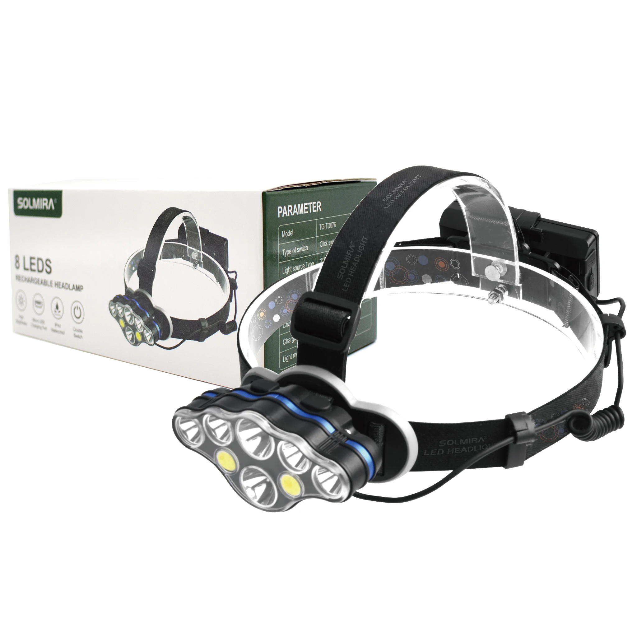 Linterna Frontal Recargable, 8 LEDS, 8 Modos, Impermeable IPX4, Carga Rápida