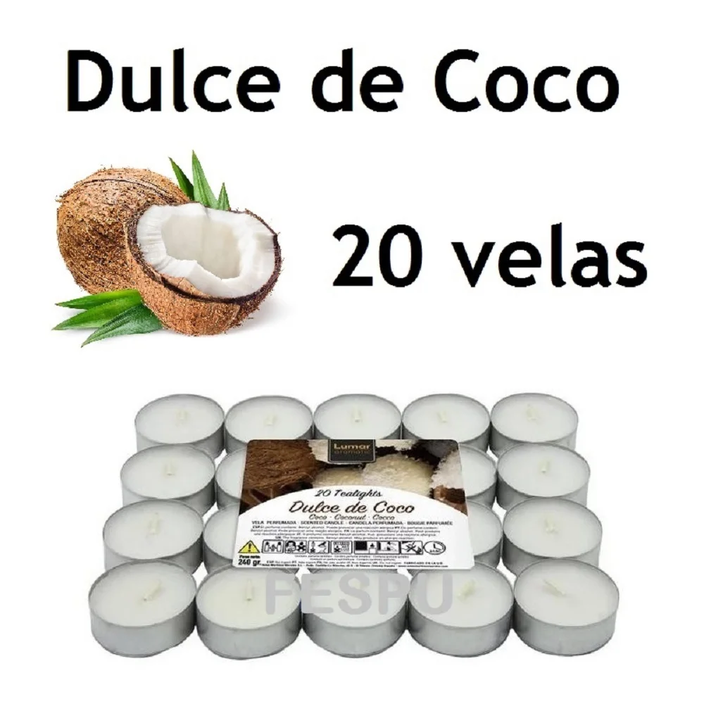 velas perfumadas ,VELAS LUMAR,DULCE DE COCO ,TEALIGHTS 4.5 horas duracion ,PACK 20 UNIDADES ,decoracion, fespu