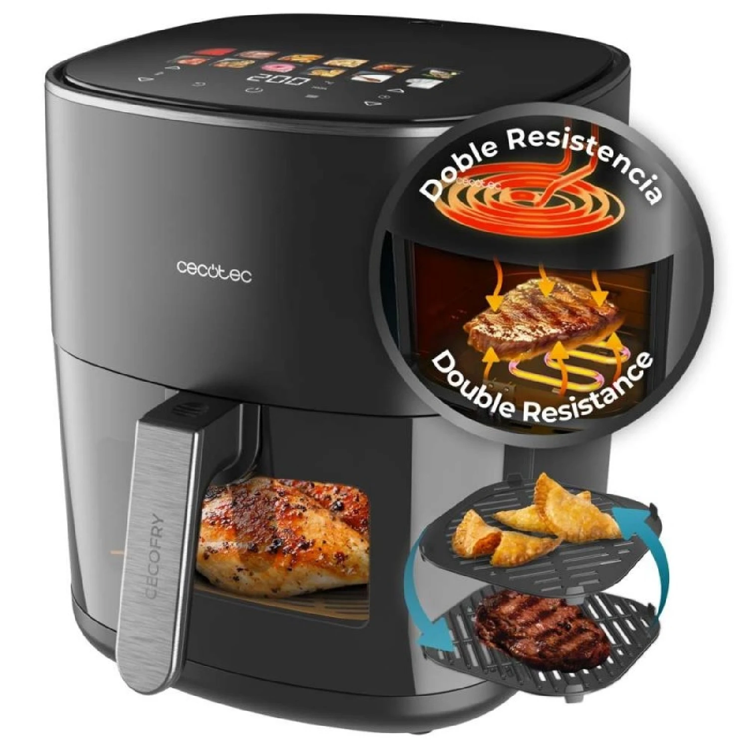 Friggitrice ad Aria Senza Olio Cecotec 6.5L Cecofry&Grill Duoheat 6500. Griglia e Piastra per Pizza 3 in 1, Doppia Resistenza 2200W