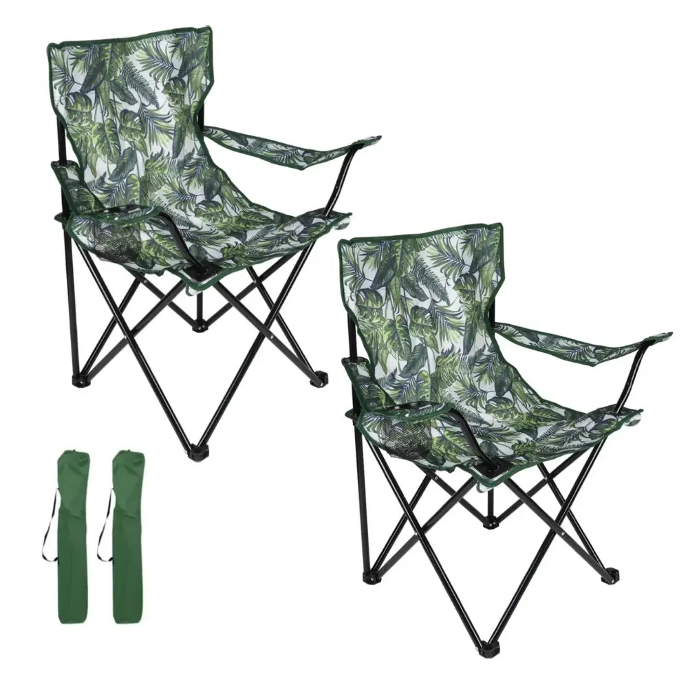 Set 2 Sillas Plegable Camping Estampado Hojas Silla Pesca Playa Acampada Exterior con reposabrazos portavasos de Malla blosa Lateral Resistente 50x50x80cm (Hojas, Set de 2)