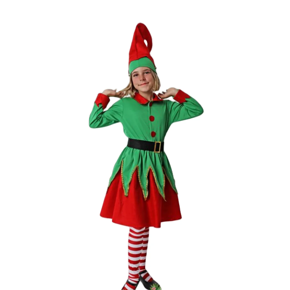 Elf costume for girls and women Christmas Carnival (contains: golden embroidery dress, hat, belt. 6 different size)