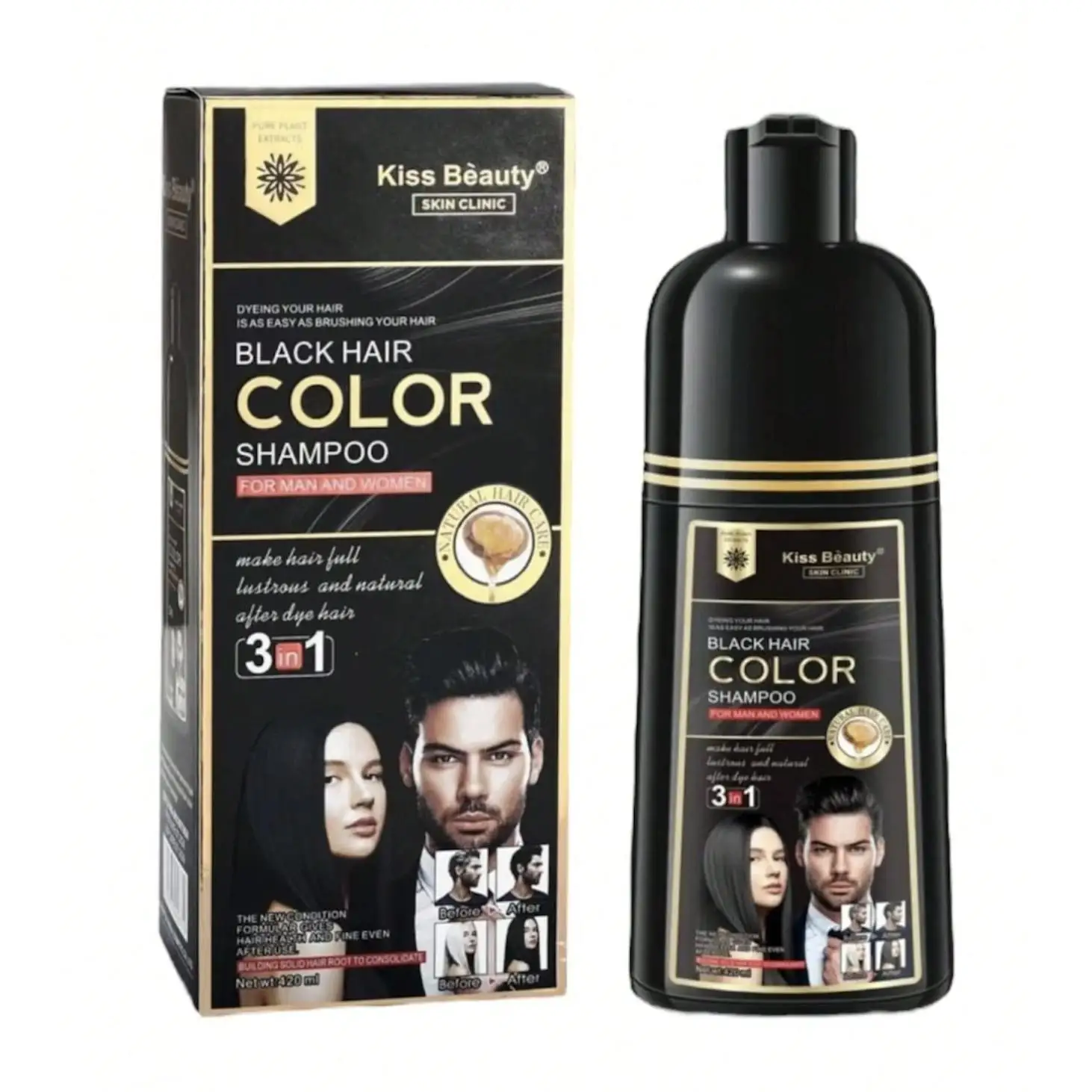 Champú con Tinte Negro/Marrón/Rubio 3 en 1, aplicación rápida, tinte en 8 minutos. Champú con tinte con colágeno, té verde, aceite de Argan, Aloe vero, etc. Champú para canas de 420ml