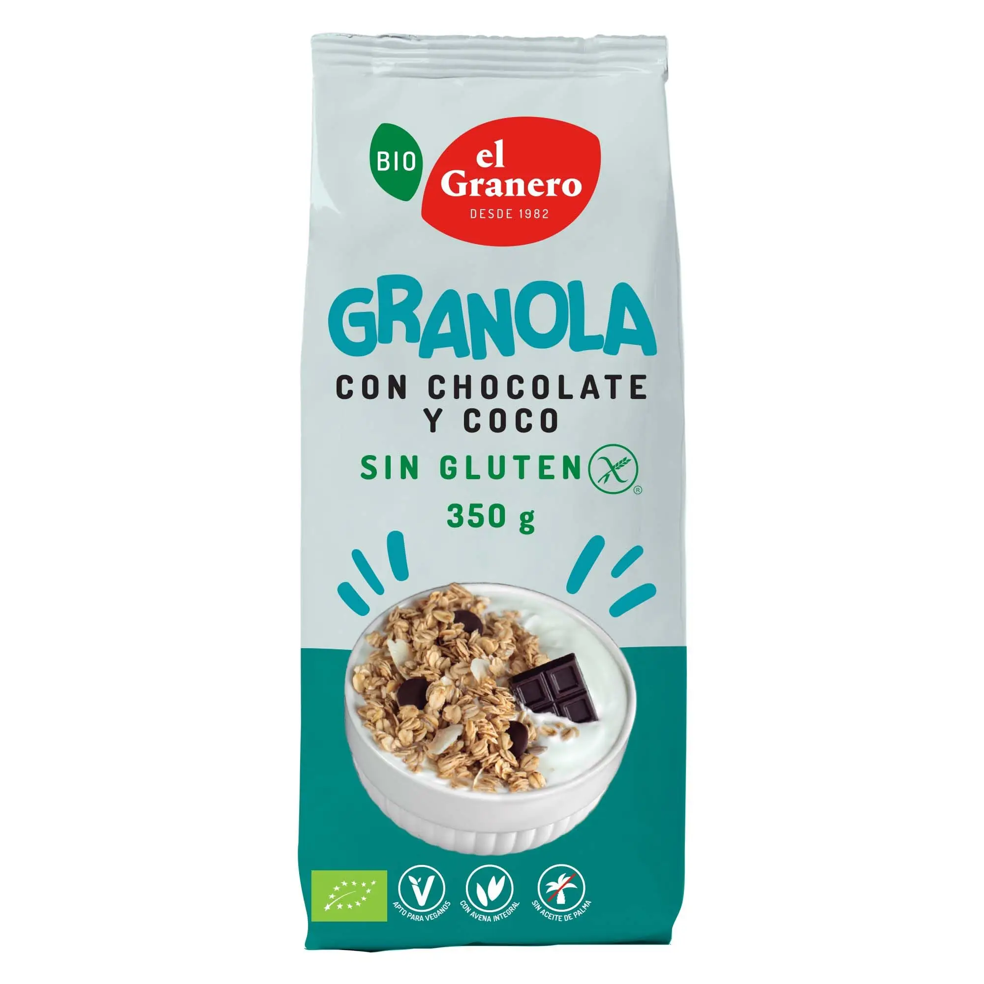 El Granero Integral - Granola con Chocolate y Coco sin Gluten BIO - 350 g - Fuente de Fibra y Nutrientes Esenciales - Mejora la Salud Intestinal - Ideal para el Desayuno - Apto para Veganos