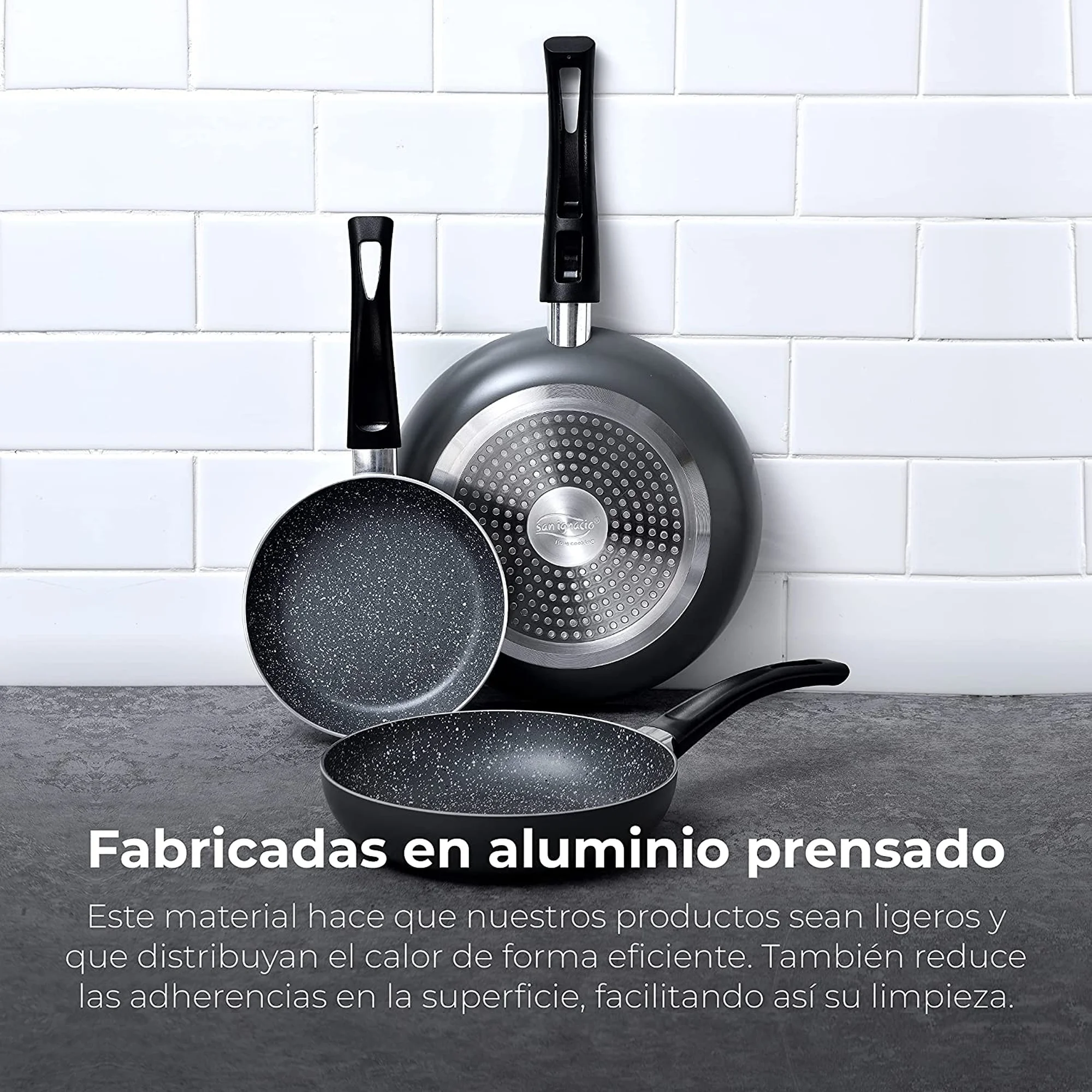 SAN IGNACIO 3 Pans Set with Non-stick Coating (16 + 20 + 24cm) or (20 + 24 + 28cm) in Black/Blue or Green soul marble Pressed Aluminum