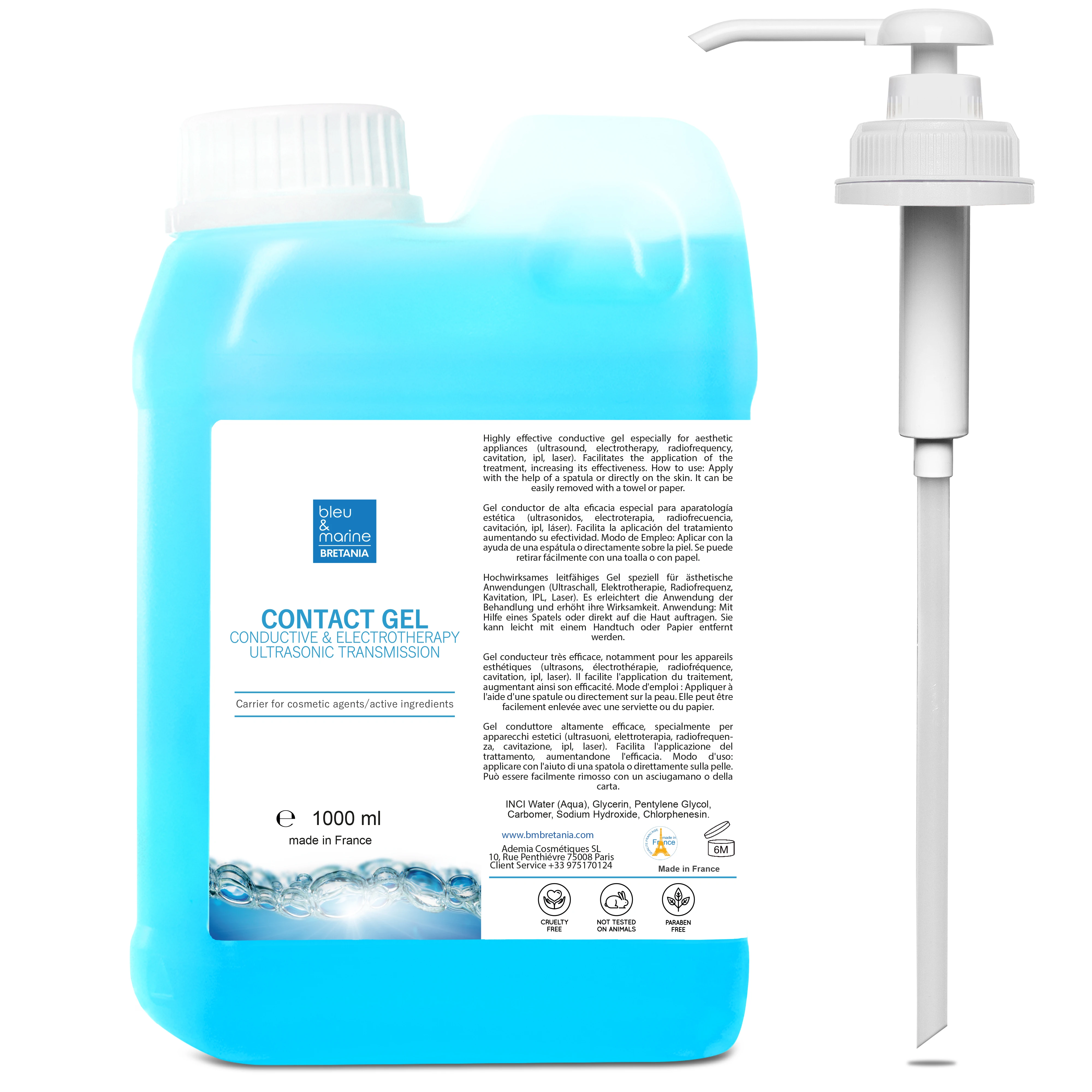 Gel Conductor Profesional para Aparatología Estética – Compatible con Radiofrecuencia, Ultrasonidos, Cavitación y Depilación IPL – Bleu & Marine Bretania