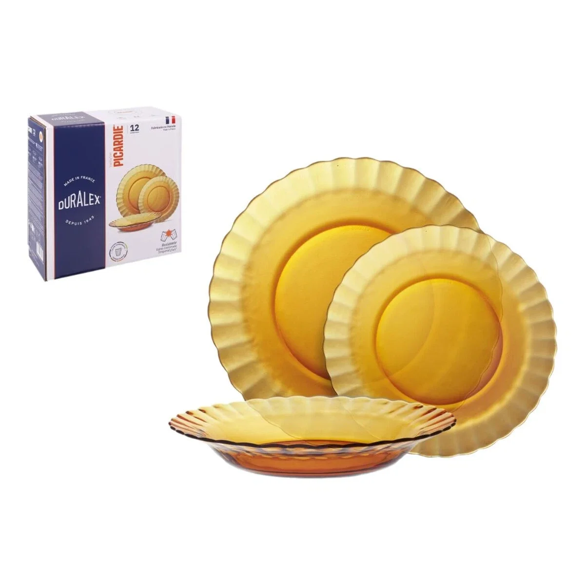 Duralex Picardie Tableware Set - High-Quality Dishes including Deep Plates (Ø 23 cm), Flat Plates (Ø 26 cm), Dessert Plates (Ø 20.5 cm), Microwave and Dishwasher Safe, Available in Transparent, Amber, or Light Blue, 12/18/24/36 Pieces.