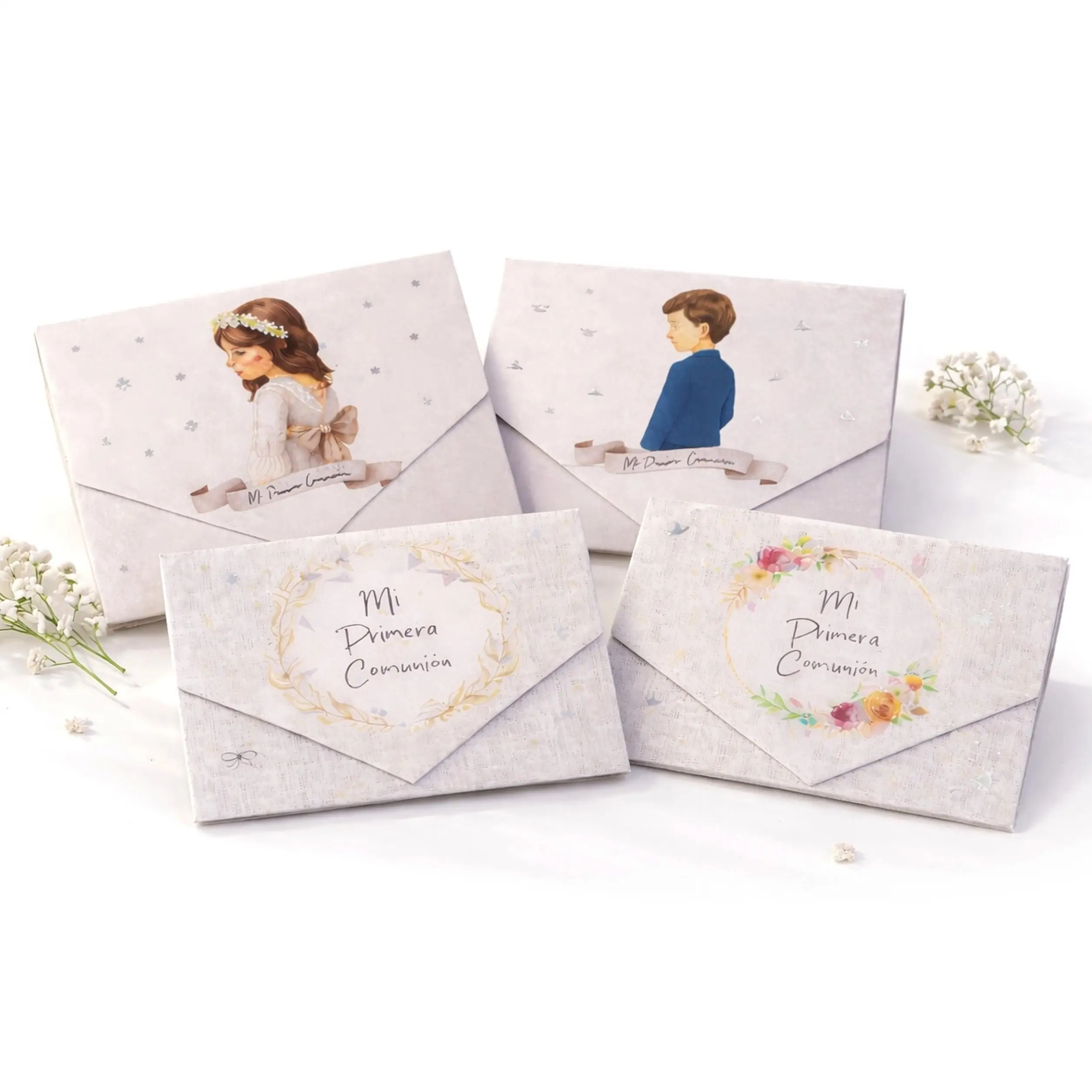 Pack 4 Billeteros Primera Comunión Niña y Niño | Papel Estucado 200g | Ilustraciones Originales | Impresos a Doble Cara | Tamaño 16,5x11 cm | Regalo Dinero