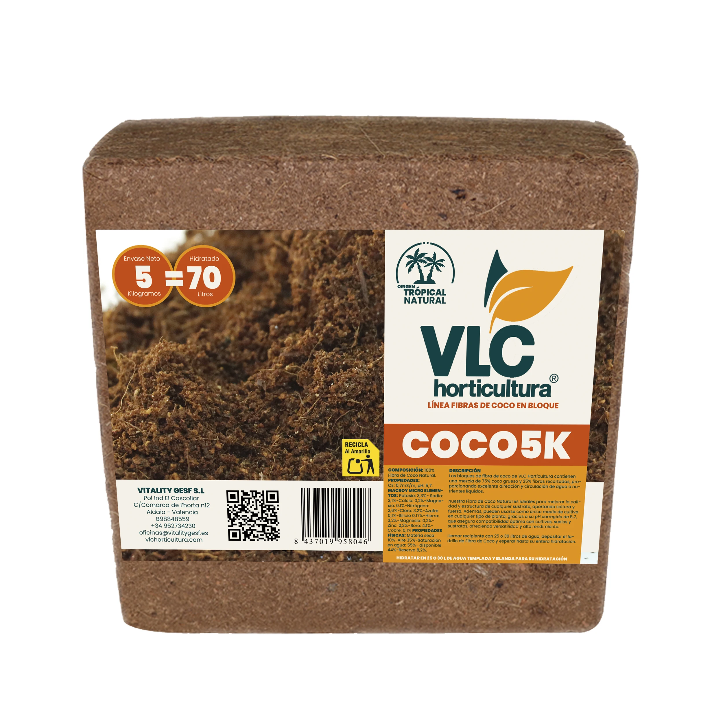 ✅Bloque Fibra de Coco NATURAL de 5kg con MICRONUTRIENTES Naturales. - VLC horticultura - Sustrato de fibras orgánicas en forma de ladrillo compacto.  Recomendado para huertos urbanos, vermicomposteras, Jardinería de exterior y cultivos de interior