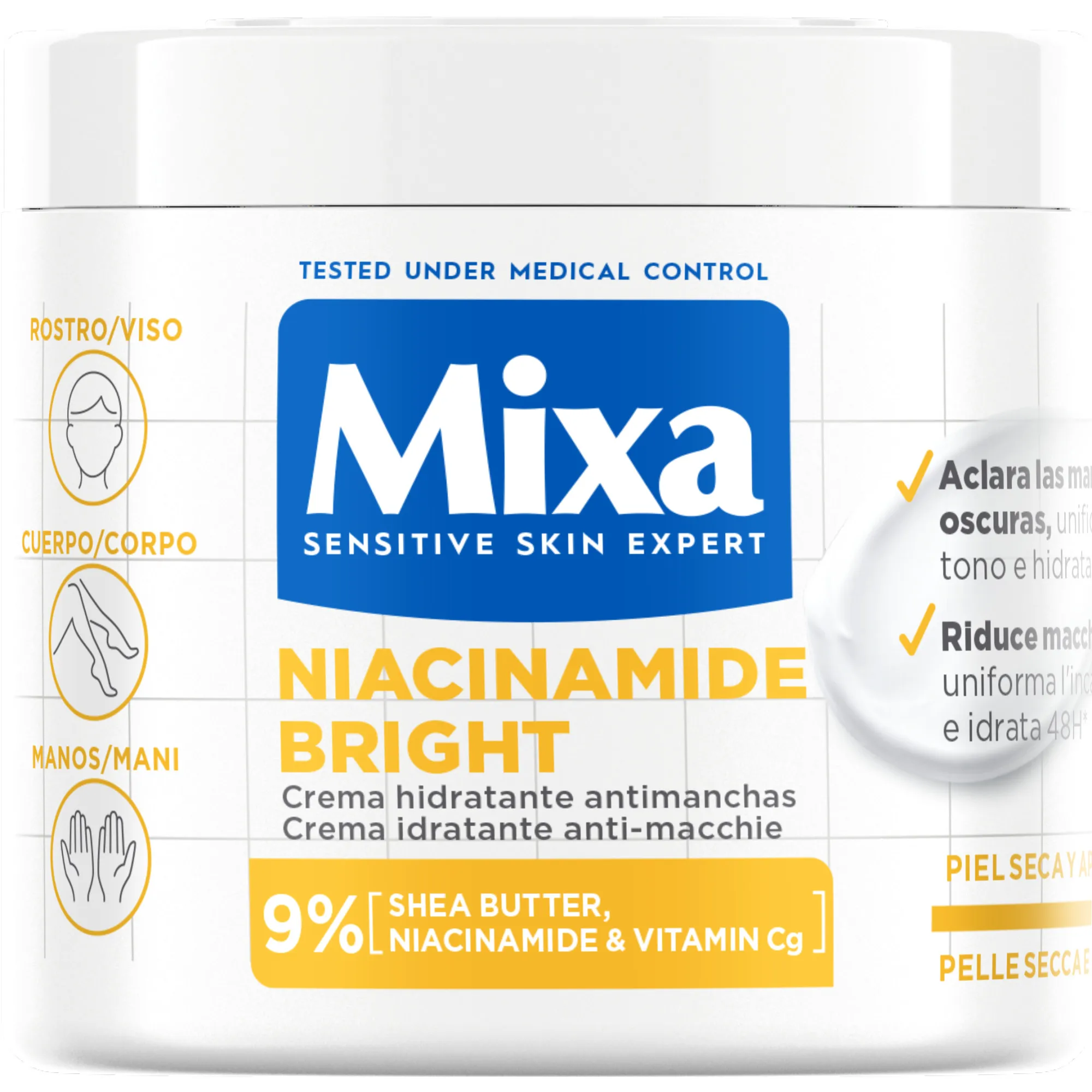 MIXA | Crema, Loción Corporal y/o aceite corporal anti estrias con niacinamida antimanchas e iluminadora para una piel sana, radiante y un tono uniforme.