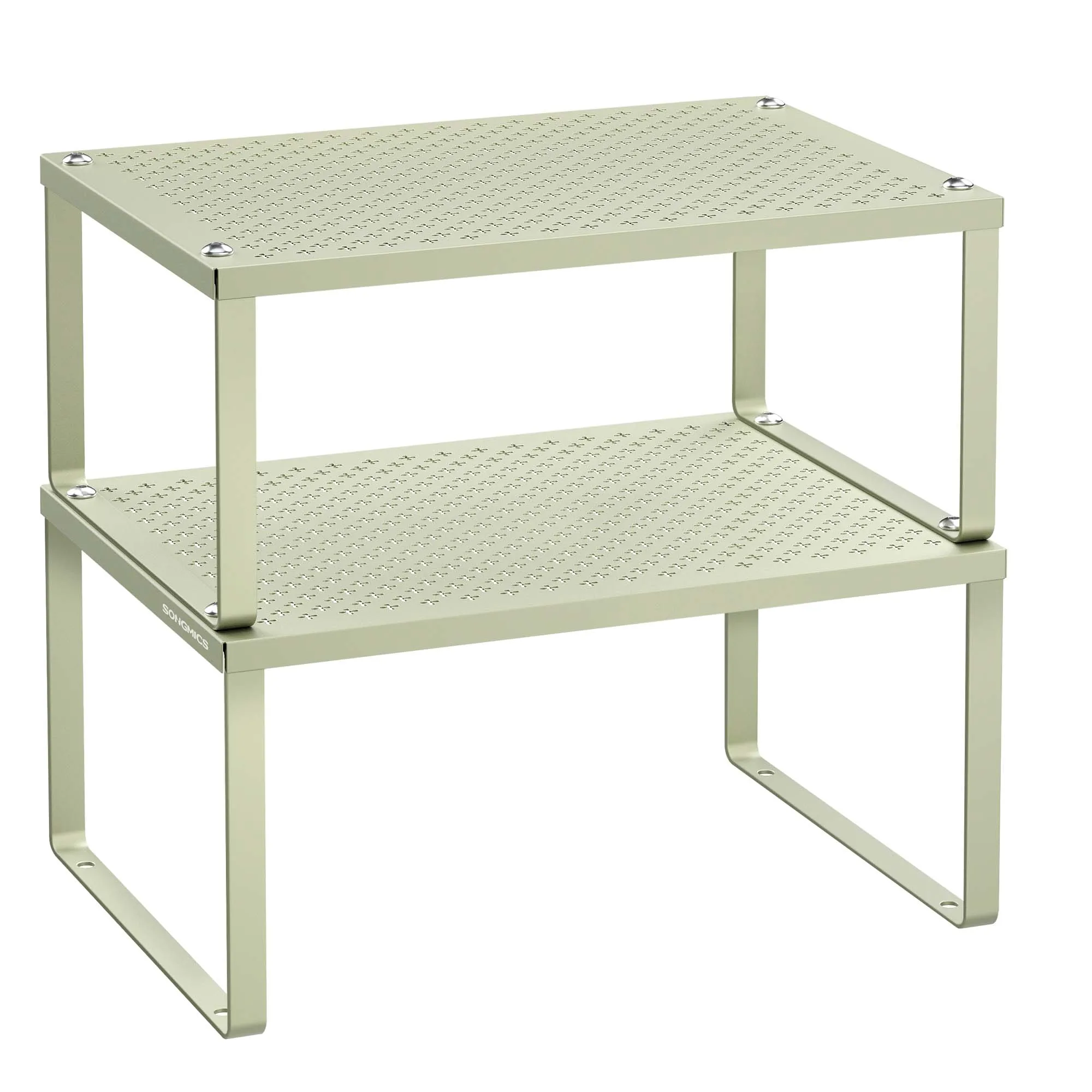 SONGMICS Especiero, Estante para Especias, Organizador para Armarios, para Mostradores, Elevador de Estantes, Apilable, Ampliable, Juego de 2 Estantes Metálicos para Cocina, Verde Laurel/Beige Avena/Plata/Blanco