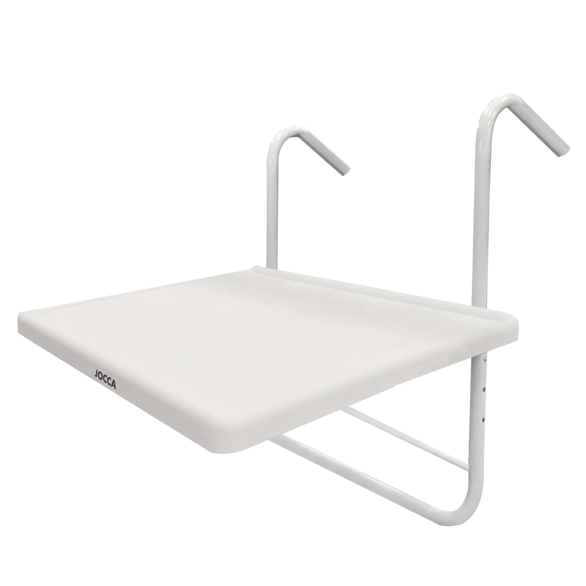 Mesa de barandilla para balcón o terraza JOCCA, plegable y ajustable en altura e inclinación, tablero 53x40 cm, resistente hasta 10 kg, estructura de hierro y superficie PP, ideal para exteriores, desayunos o trabajo al aire libre, fácil de montar.