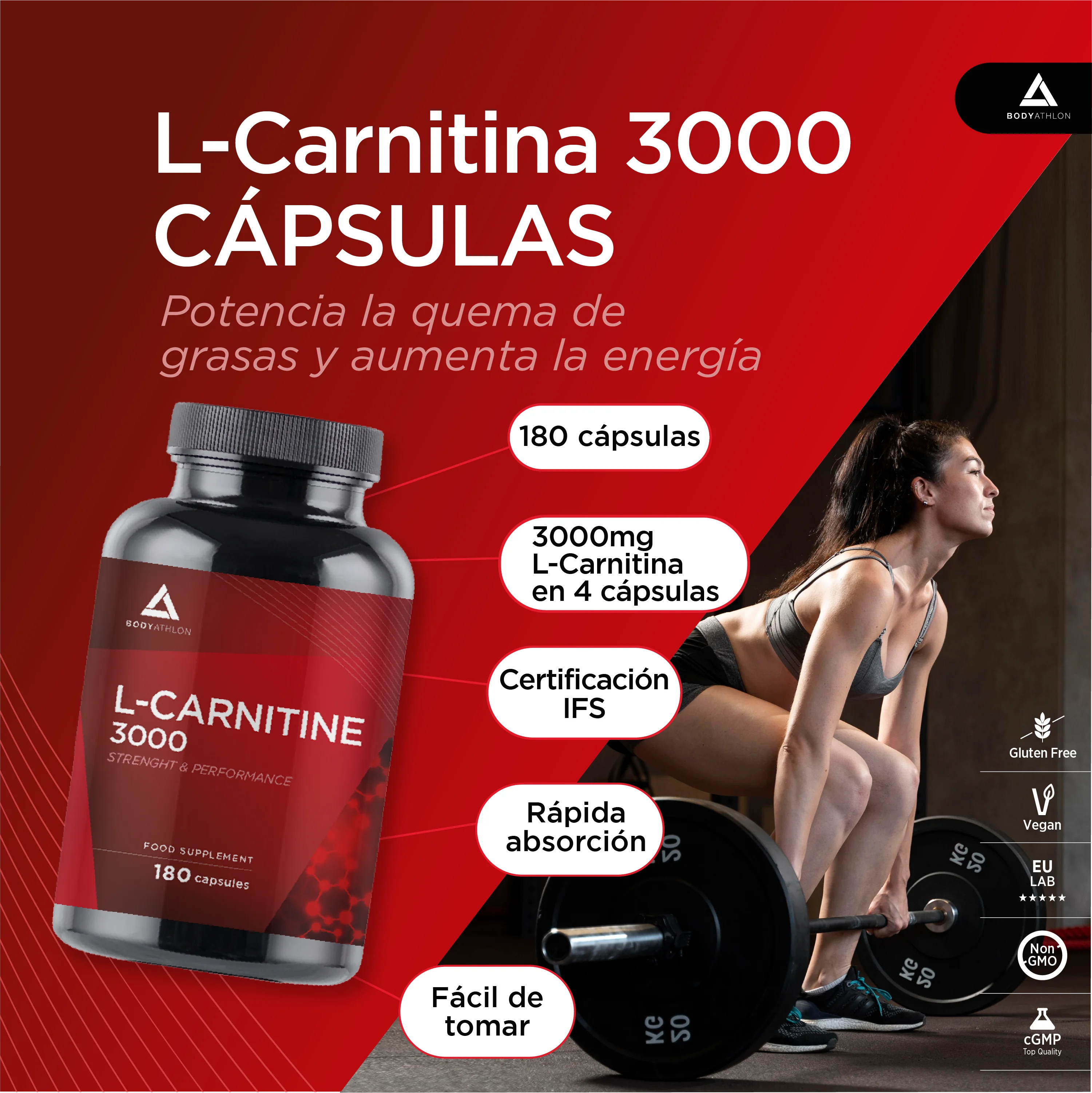 Bodyathlon – l carnitine 3000 capsules – 180 capsules – aum – sports supplement – 750mg per capsule