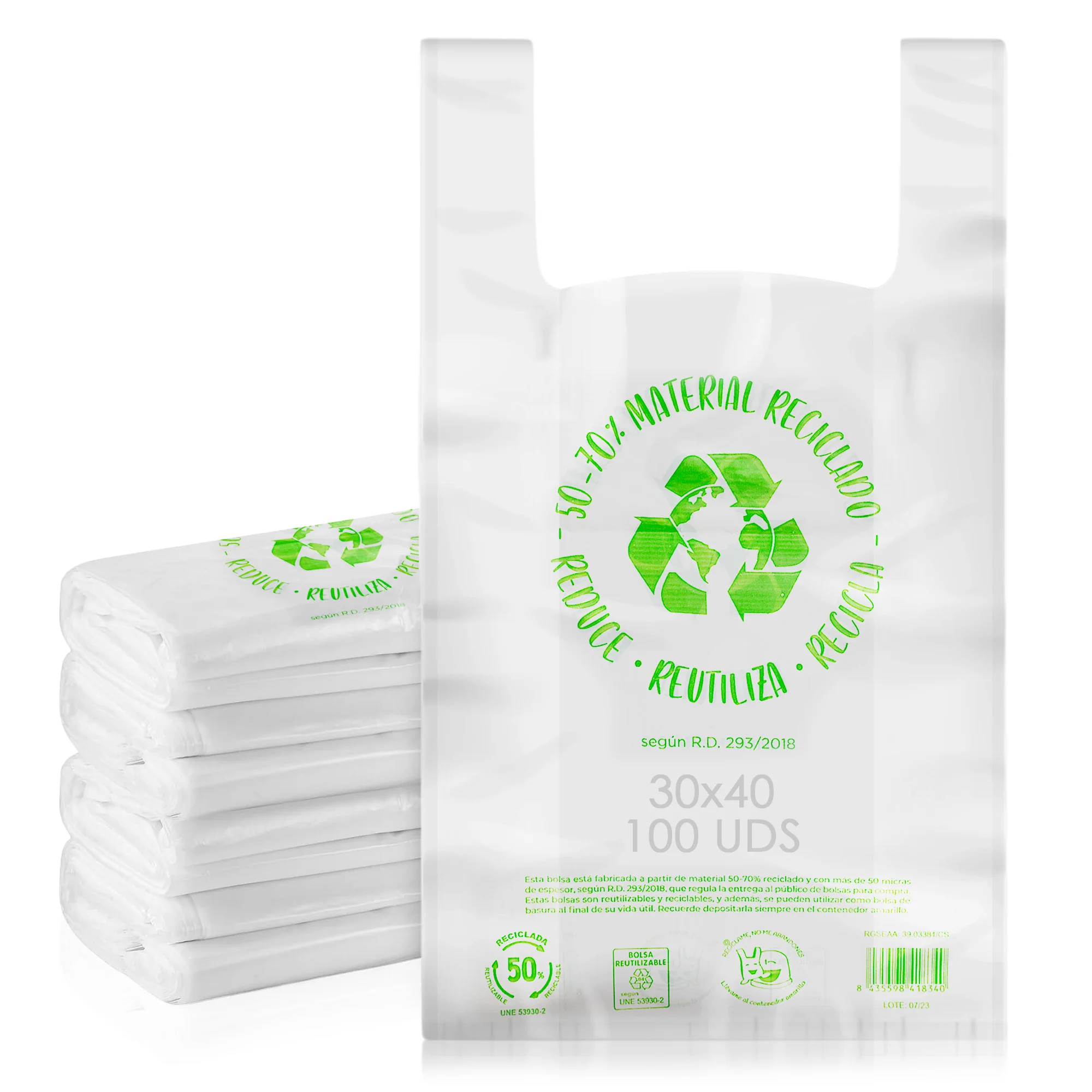 MARCPRINT plastic bags with recycled 70% handles-food grade plastic bags-Poly handles plastic bags-200 gauge-50 micron-T-shirt bags made of recycled plastic