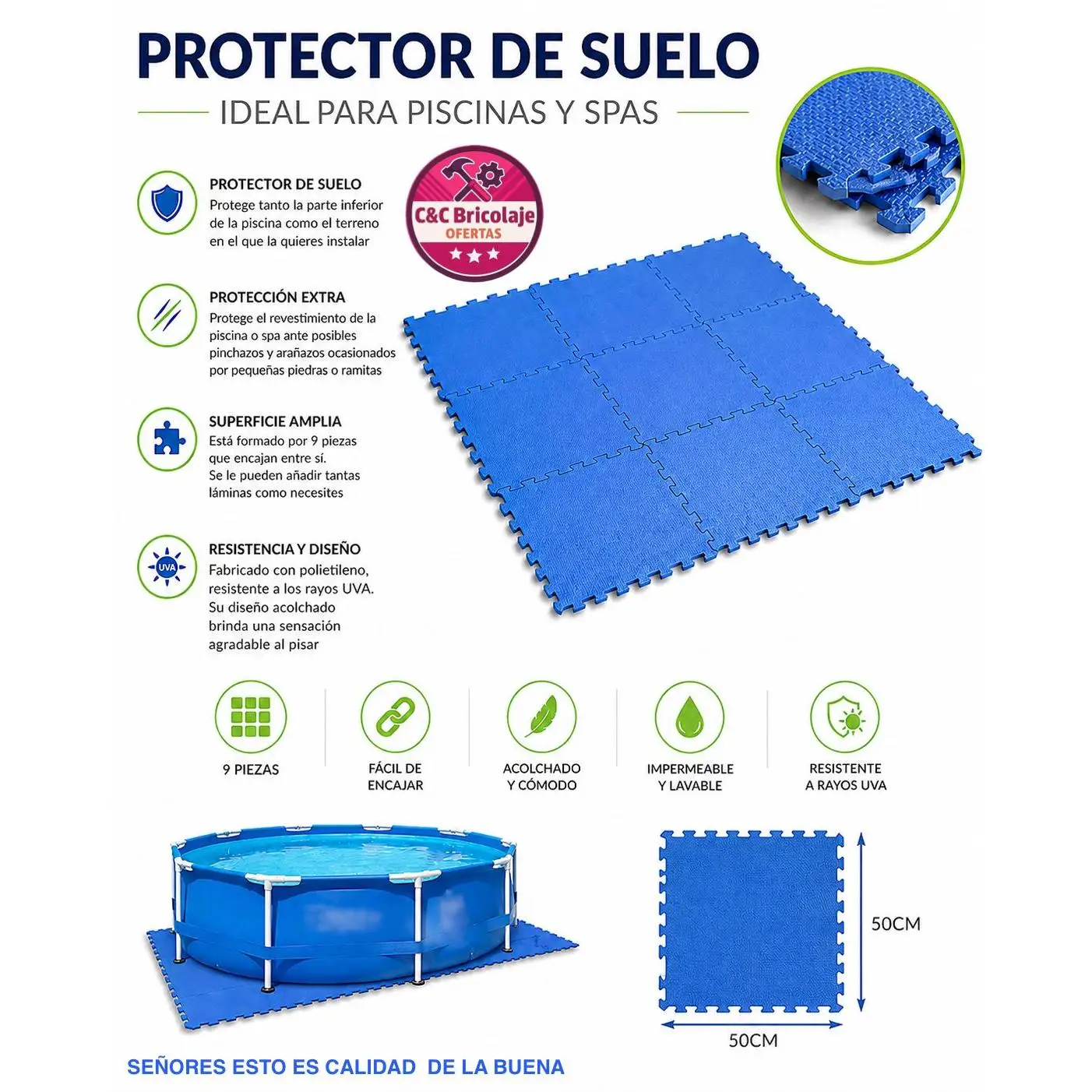 Pool Floor Protector and Spa Base 9 Pieces | Cushioned 50x50cm, Non-Slip, Waterproof, UV Resistant for Pools, Spas, Camping, Garden, Durable Design to Extend Life of Your Pool.