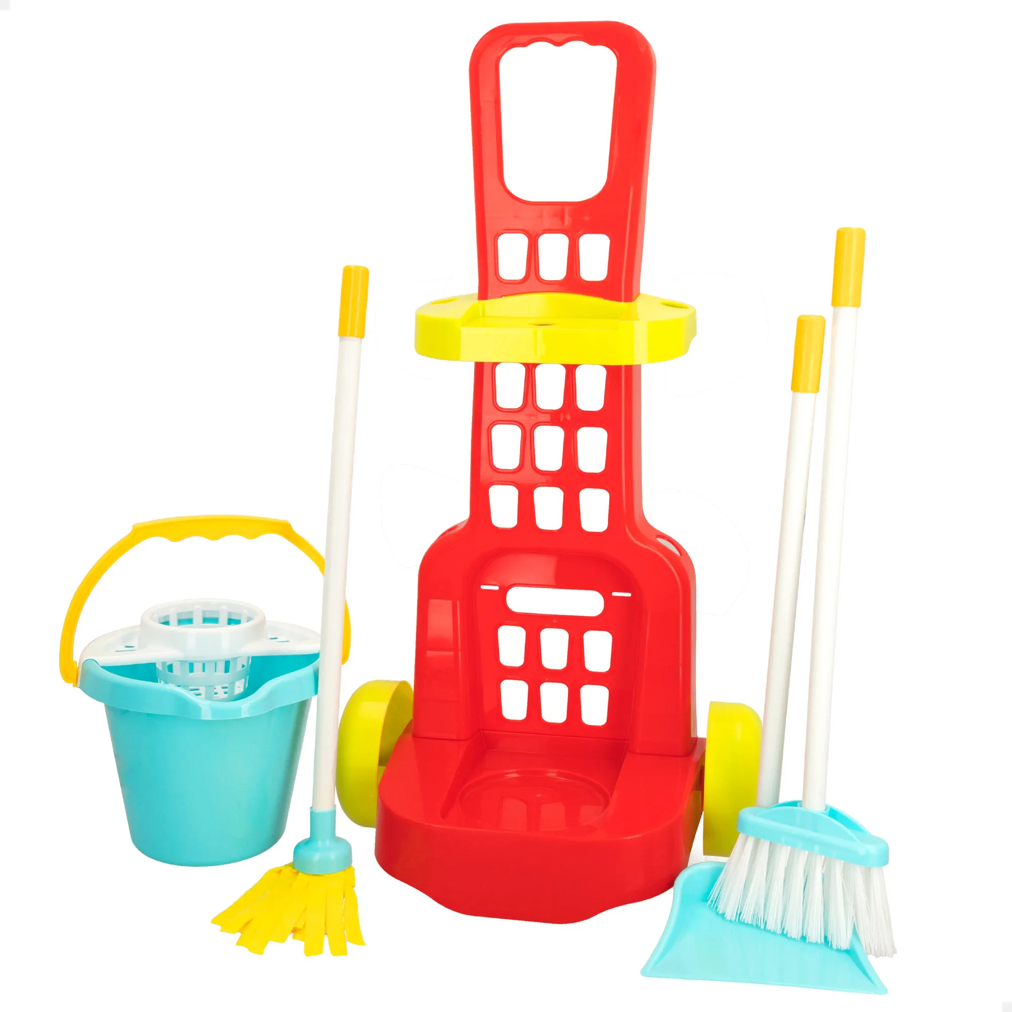 My Home - Set de limpieza de juguete con carrito y utensilios, incluye 5 piezas, escoba de juguete, recogedor, mopa y cubo,  con accesorios, carro de limpieza para niños, +3 años