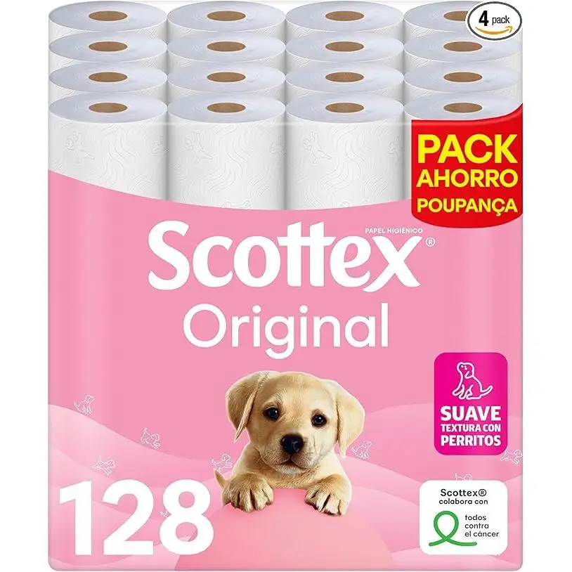 Scottex Original Papel Higiénico pack 128 rollos dos capas máxima suavidad y resistencia - Pack Familiar 128 rollos