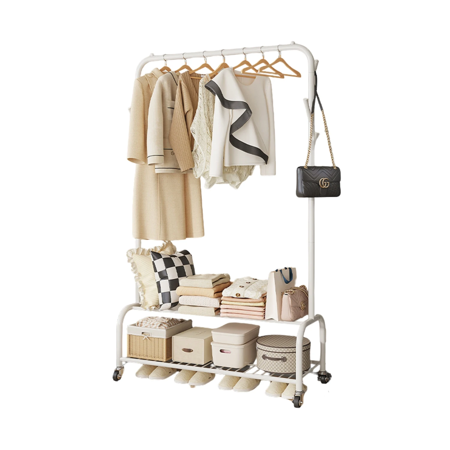 LUTODY - Perchero pie de burro, Colgador de ropa, Soporte resistente con estante para zapatos zapatero, Bolso, Accesorios, Prenda, Multifuncional, Salón, Dormitorio, Sala de estar, Recibidor, Entrada