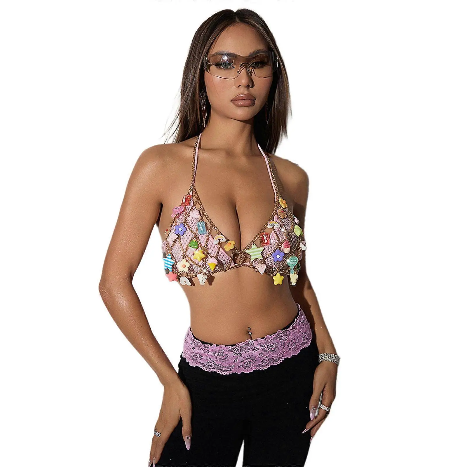 Sujetador Sexy con cuello Halter y espalda descubierta para mujer, colgante hueco colorido, dijes, cadena de Metal, camisola, joyería para el cuerpo, Bralette ( )