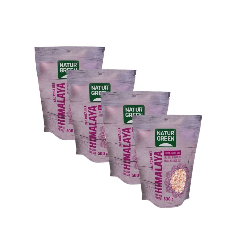 Sal Rosa del Himalaya Gruesa  Pack de 4x  500g  Sin refinar  Sal gruesa  Rica en minerales naturales  Uso culinario o en molinillo  NATURGREEN