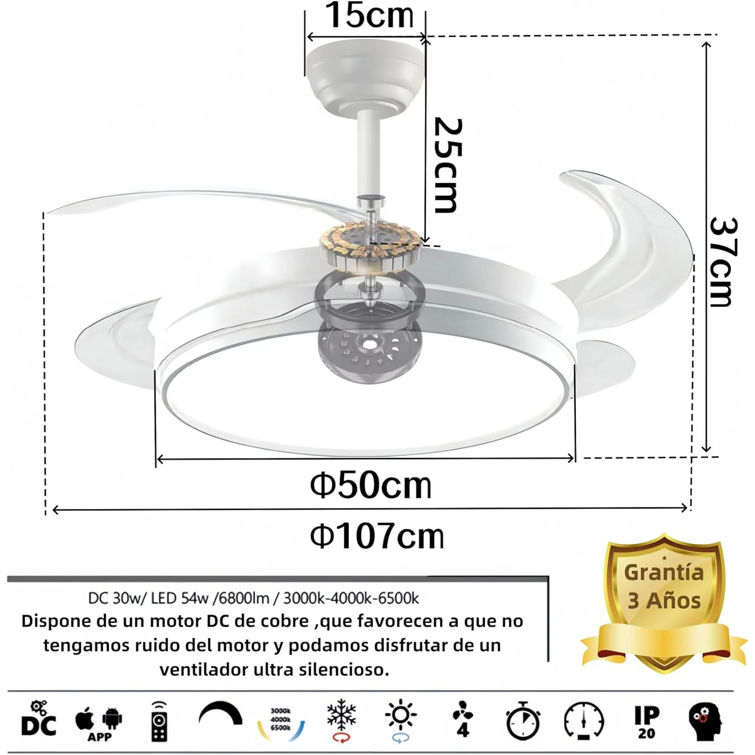 84 w lighted ceiling fan, ultra-quiet, invisible, with remote control and retractable blades, summer-winter function, integrated control, snow white energy class f ostark-leduni
