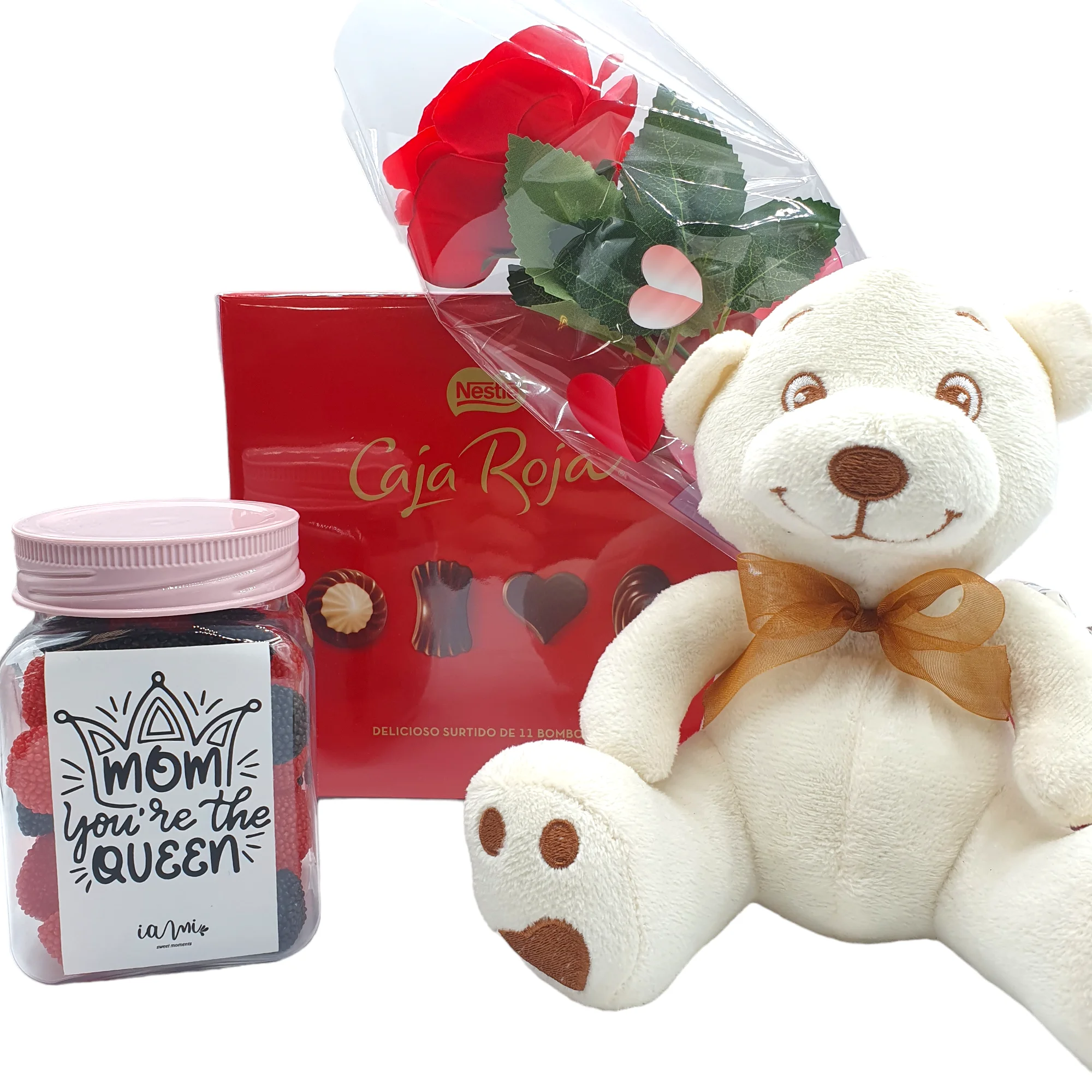 Pack Regalos Originales para Dia de la Madre Cesta Dia de la madre con Caja Bombones Caja Roja Nestle + ROSA + Peluche + Frasco de Chuches dia de la Madre  Regalo Dia de la madre chocolate [IAMI]