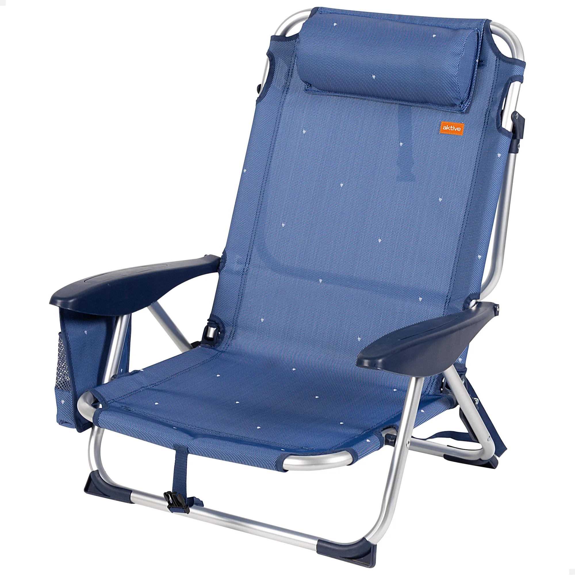 Aktive - Silla de playa plegable con respaldo reclinable 4 posiciones, 51x45x76 cm, fabricada de aluminio y textileno, con cojín, bolsillo lateral, topes antivuelco y asa hombro, máx. 110 kg, sillas