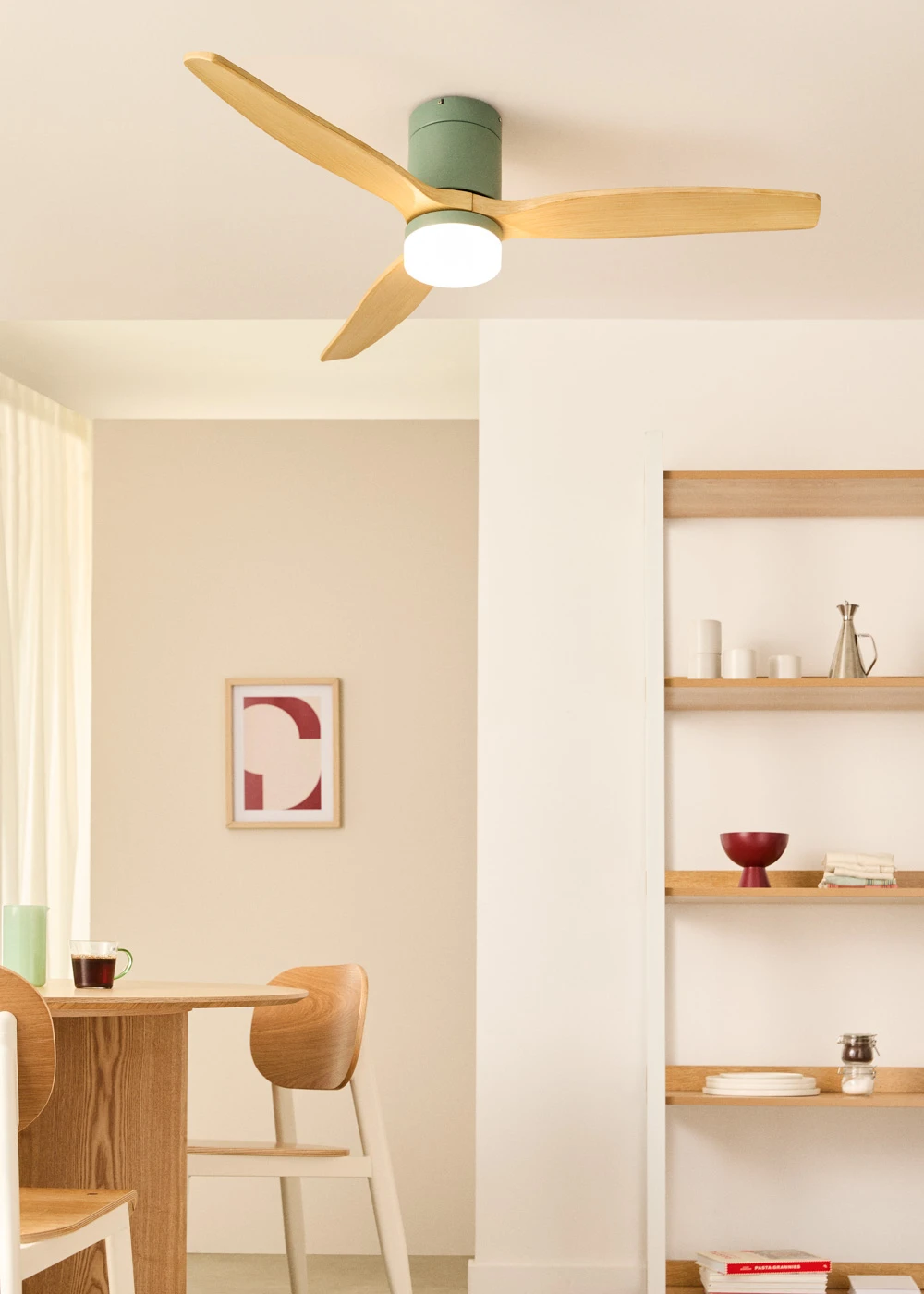 Create - silent 40w ceiling fan with light (ø132 cm), 6 speeds, sage motor color abs blades light wood effect - wind calm