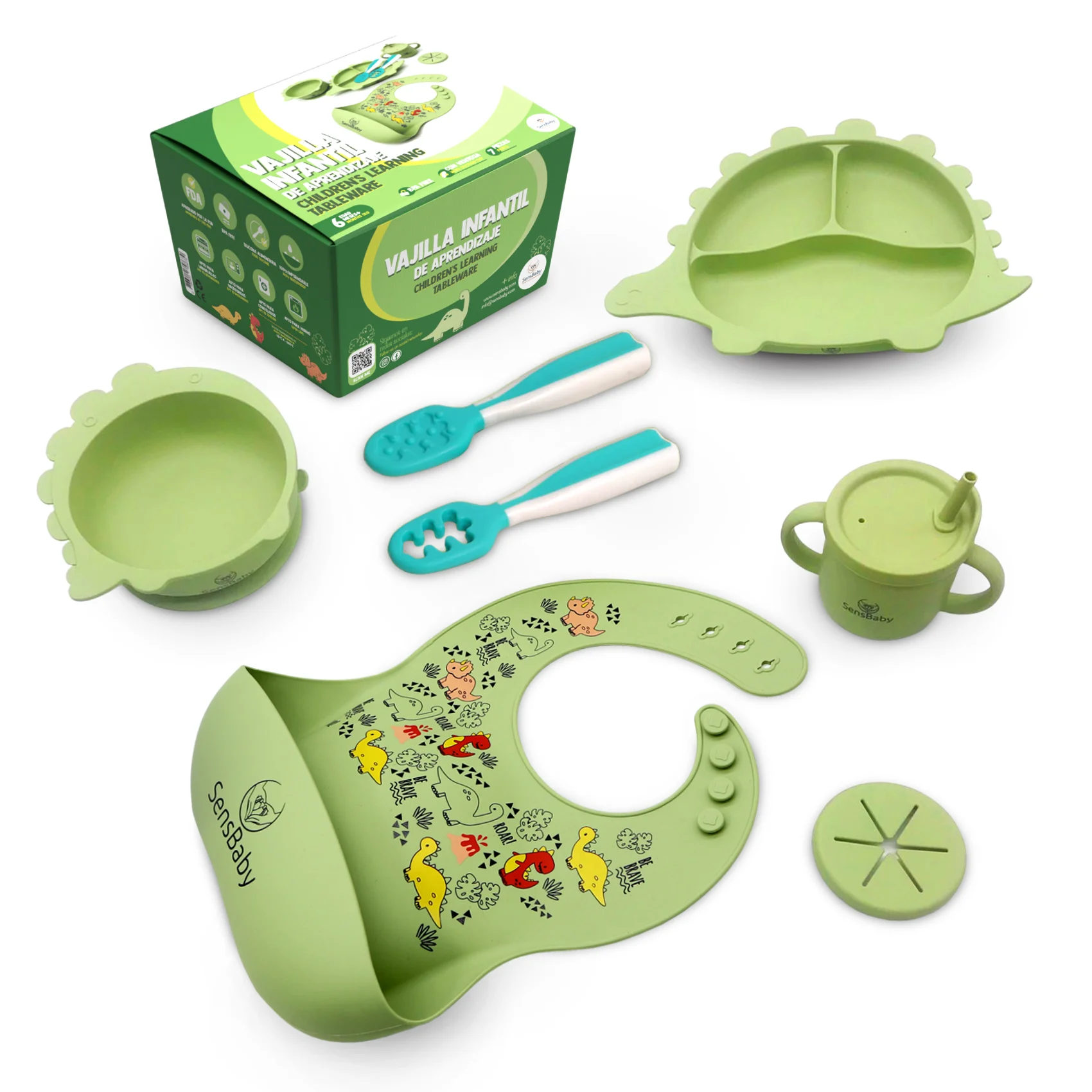 Vajilla Bebe Silicona - Utensilios para la alimentación, Cuchara Silicona Bebe, Platos Vajilla, Vaso Antiderrame Bebe, Baberos, Perfecto Como Regalos Para Bebes Recien Nacidos, Edad 0-6 Años Vajilla