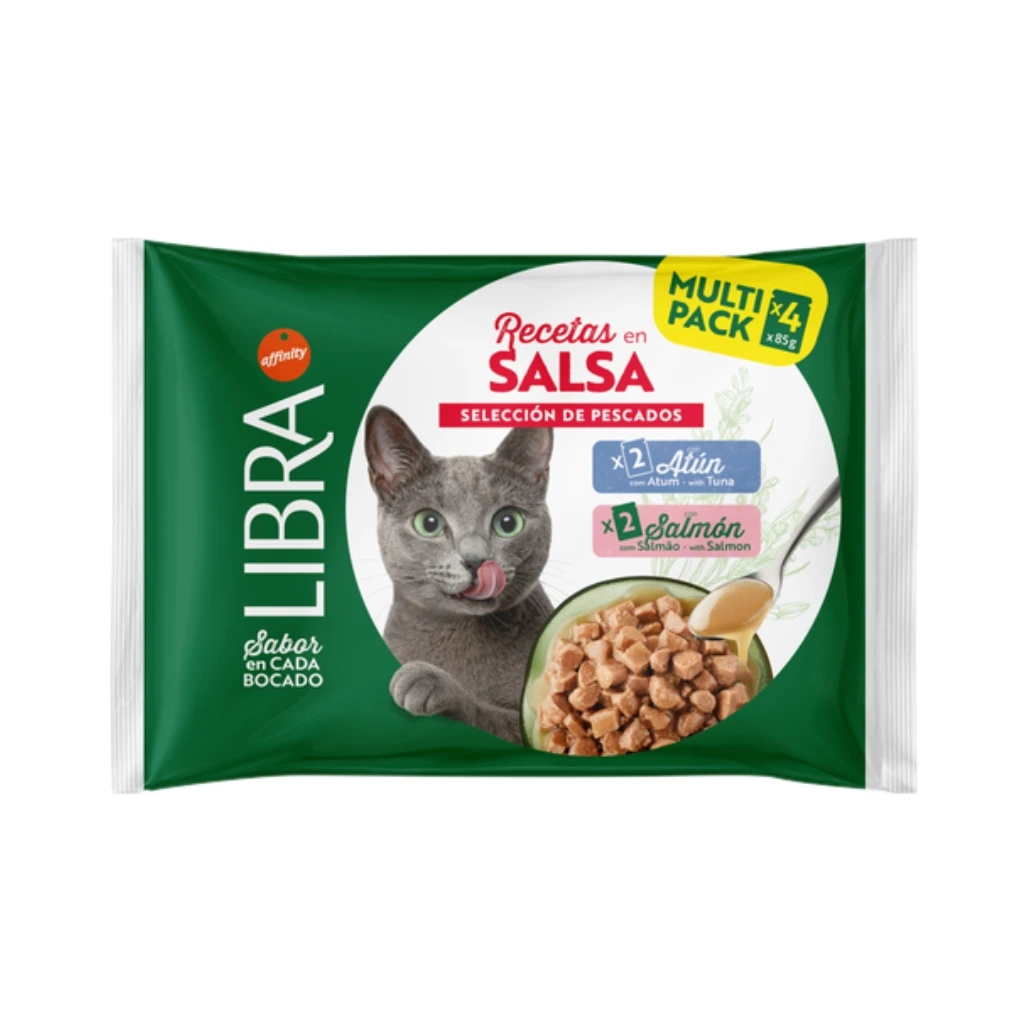 LIBRA Recetas en Salsa de Atún y Salmón (4x85 gr) - Comida Húmeda para Gatos Adultos en Salsa con Selección de Pescados, Taurina e Inulina