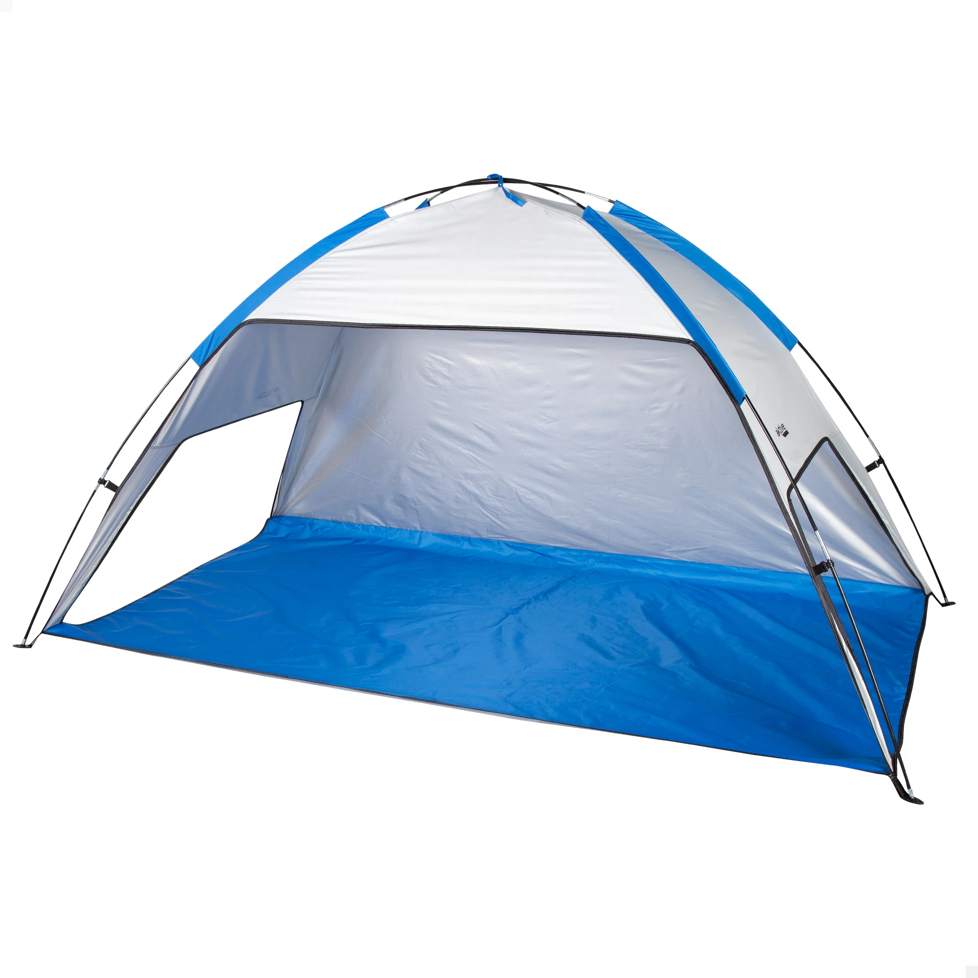 Aktive - Tienda de playa, 220x120x115 cm, 2 personas, color azul y gris, con suelo y ventanas, 4 piquetas, varillas de fibra de vidrio, protección UV50, revestimiento interior plateado, incluye bolsa de transporte, carpas plegables, paravientos playa