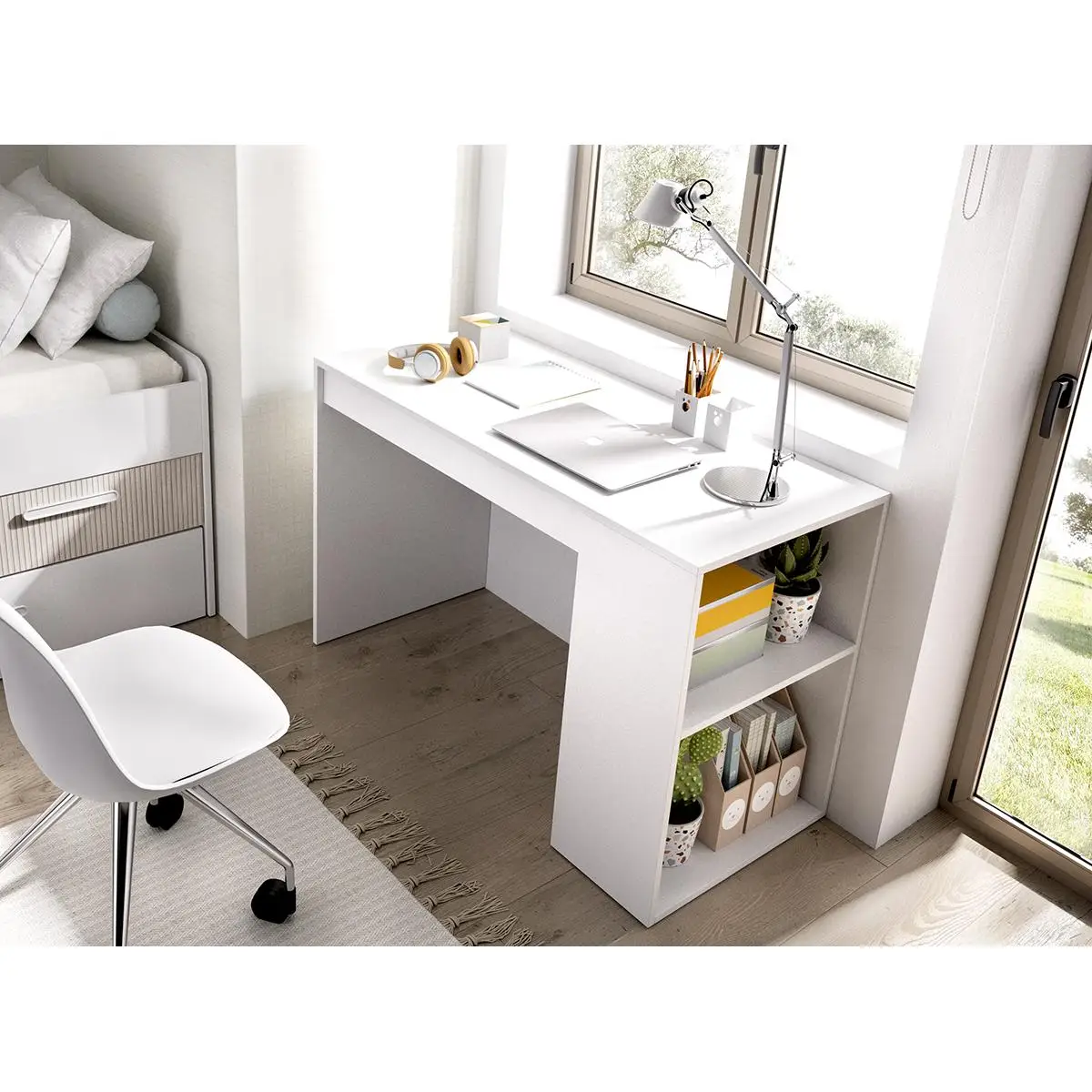 DEKIT GRUPO RIMOBEL TEO - MESA ESCRITORIO TEO CON CAJON Y ESTANTERIA - 115 X 74 X 50 CM - BLANCO
