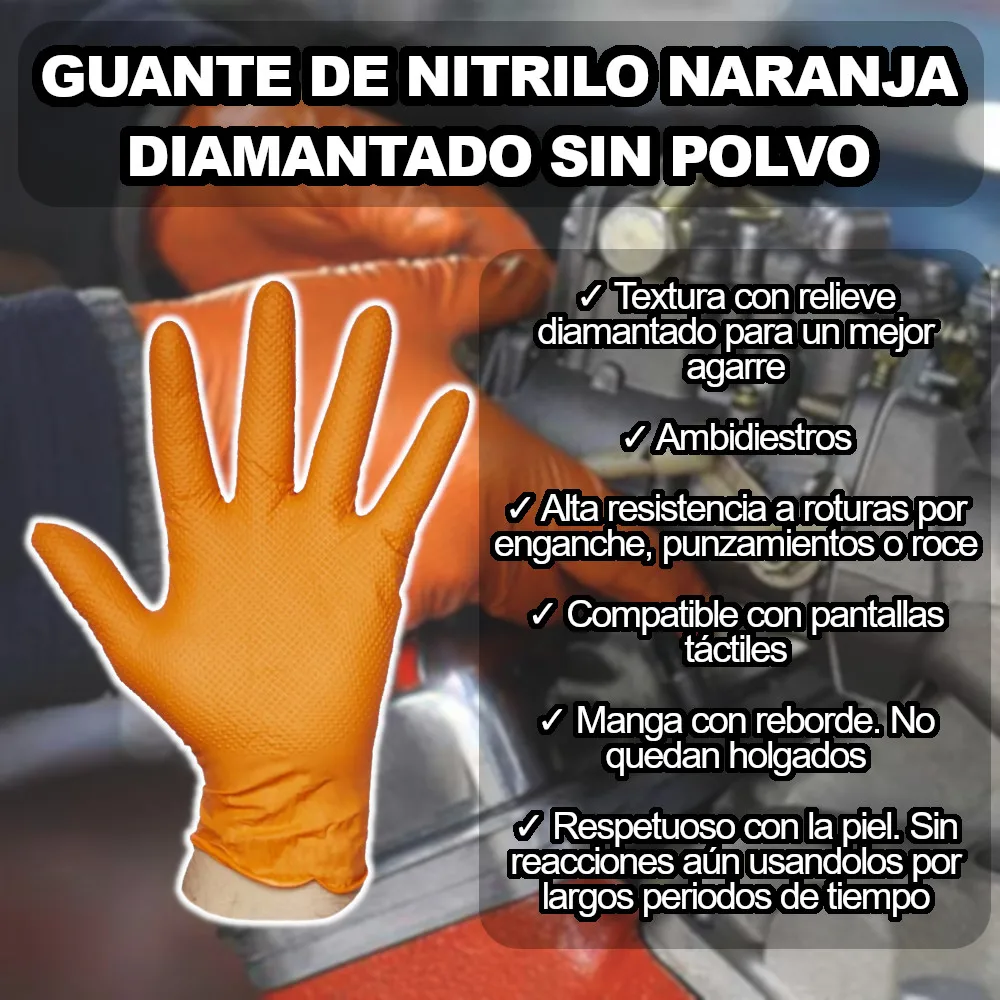 Powder-free orange diamanted nitrile glove. 8.5gr. Superior resistance and exceptional quality. Sizes L and XL. (50 PCs)